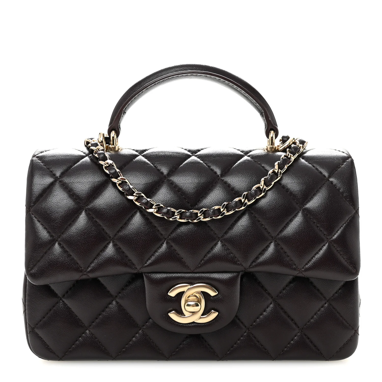 Lambskin Quilted Mini Top Handle Rectangular Flap Dark Purple