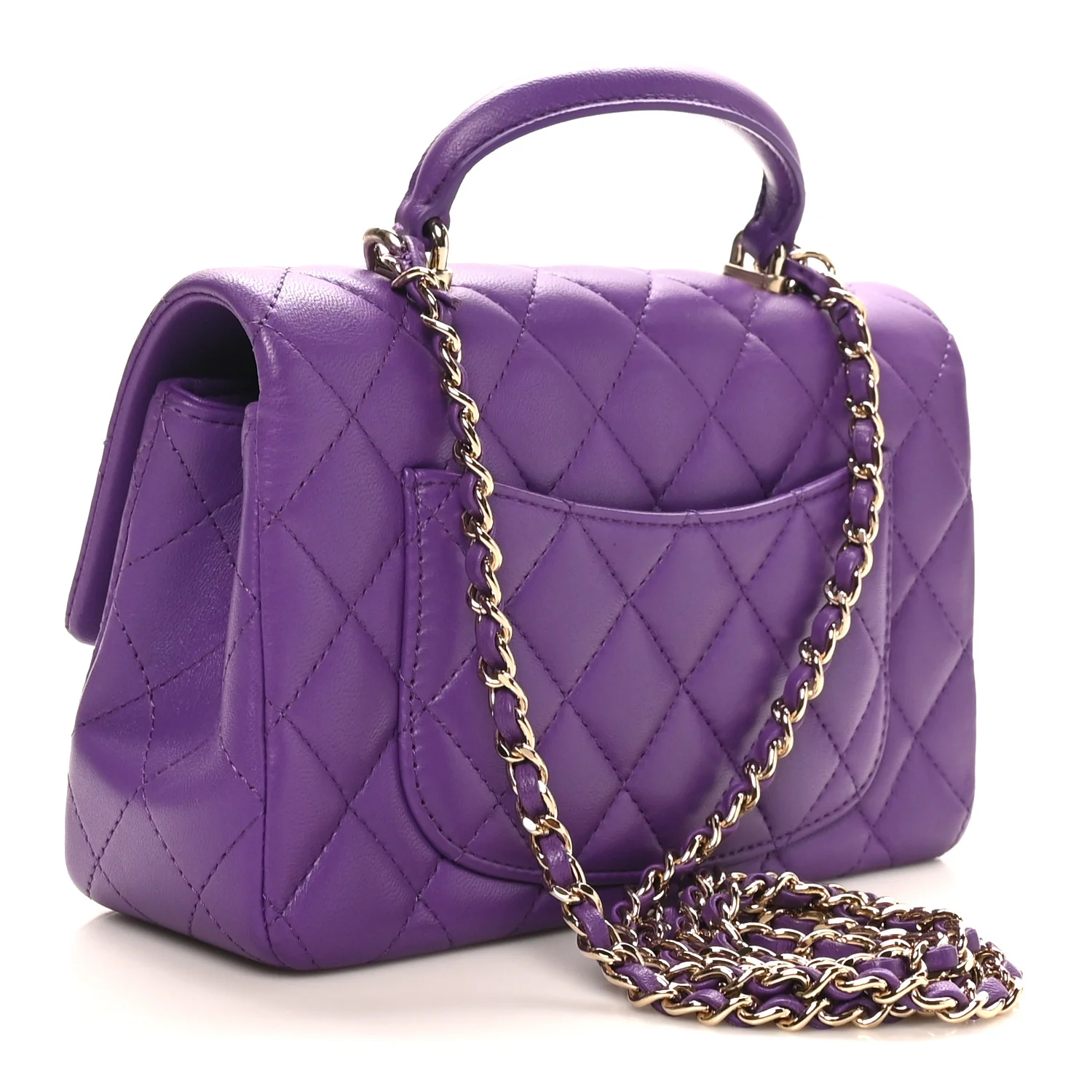 Lambskin Quilted Mini Top Handle Rectangular Flap Dark Purple - Image 3