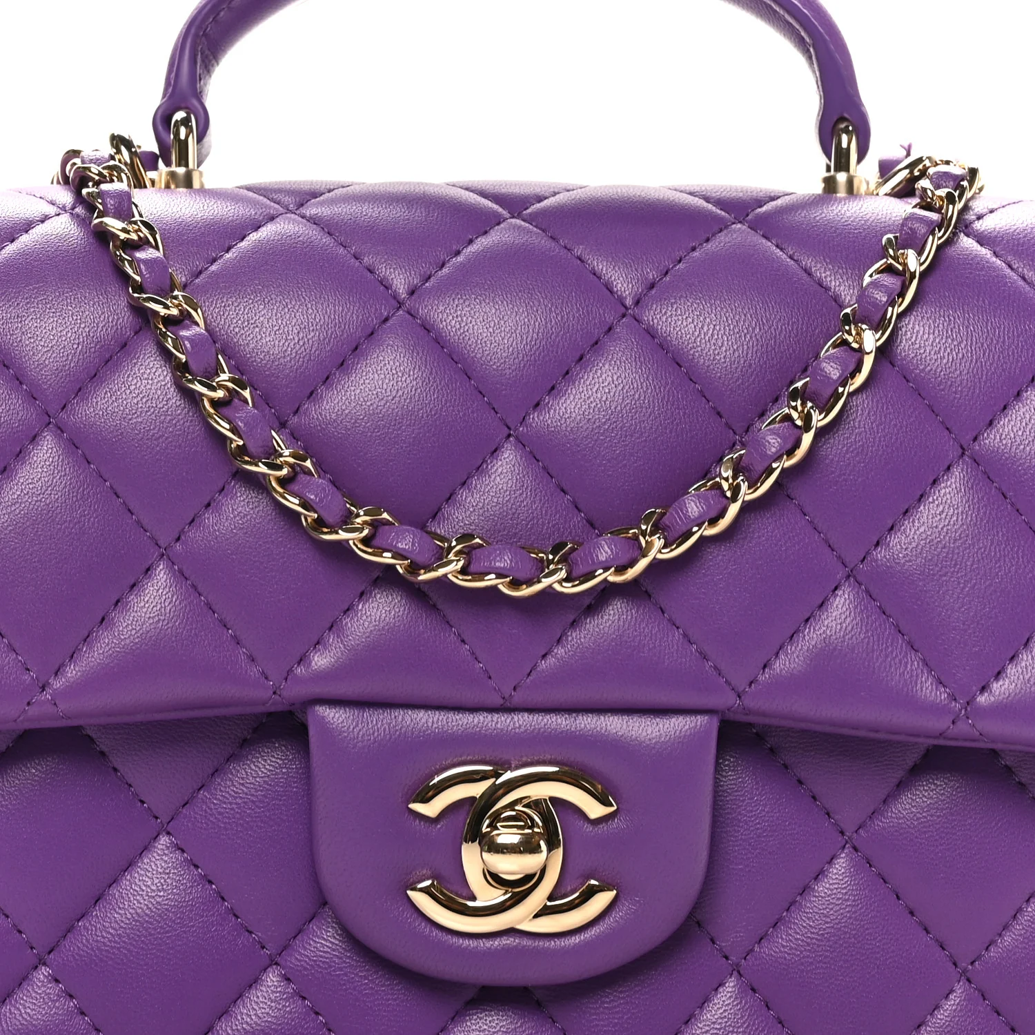 Lambskin Quilted Mini Top Handle Rectangular Flap Dark Purple - Image 8