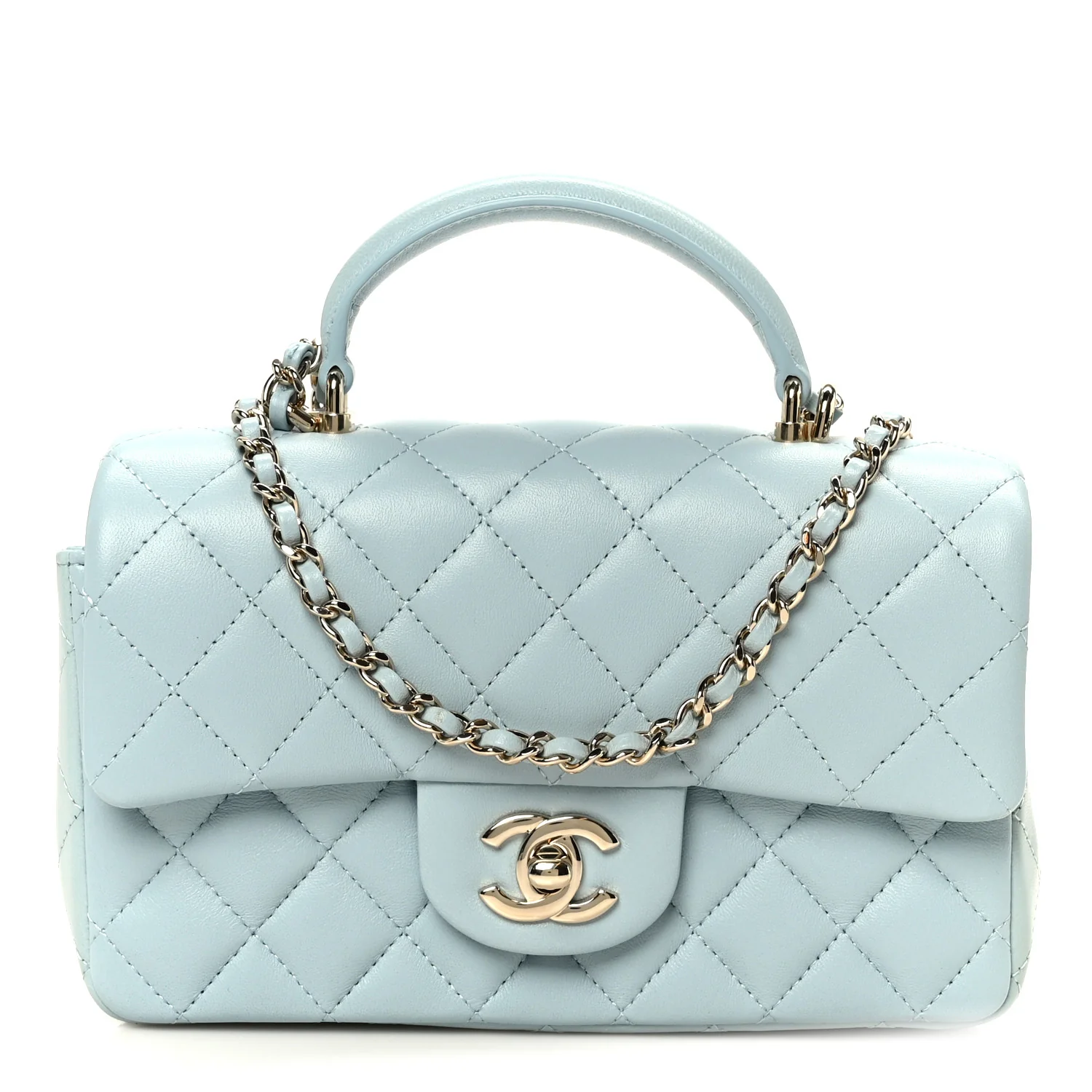 Lambskin Quilted Mini Top Handle Rectangular Flap Light Blue