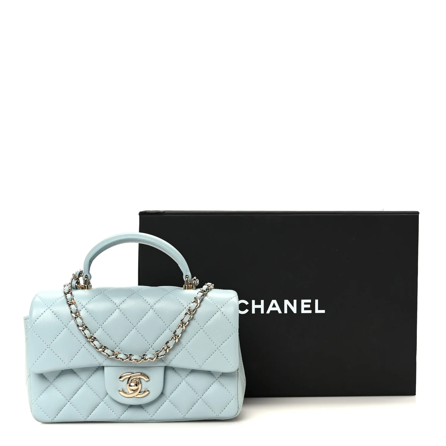 Lambskin Quilted Mini Top Handle Rectangular Flap Light Blue - Image 12