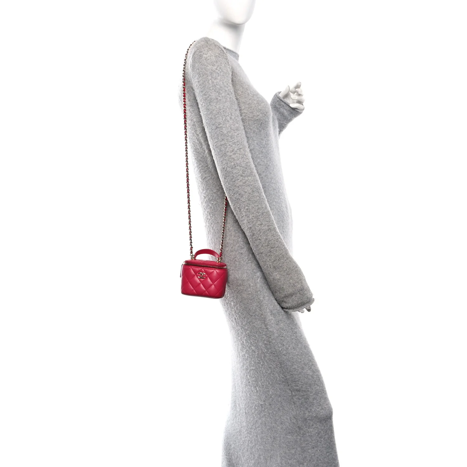 Lambskin Quilted Mini Top Handle Vanity Case With Chain Dark Pink - Image 2