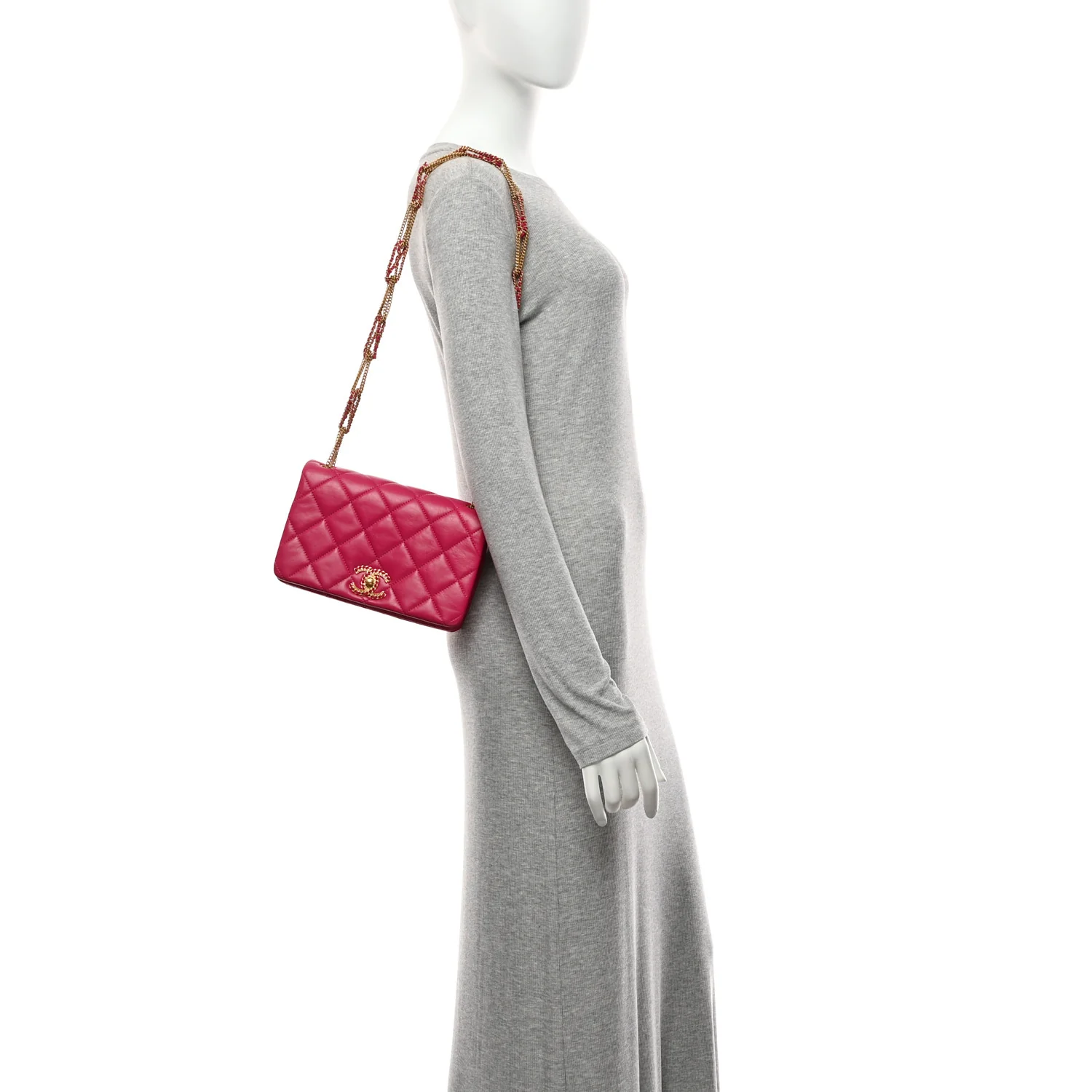 Lambskin Quilted On And On Small Chain Flap Fuchsia - Image 2