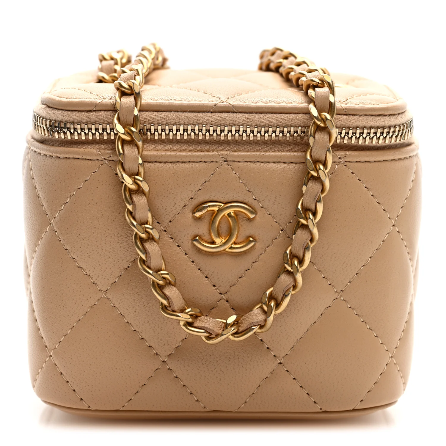 Lambskin Quilted Pearl Crush Mini Vanity Case With Chain Beige