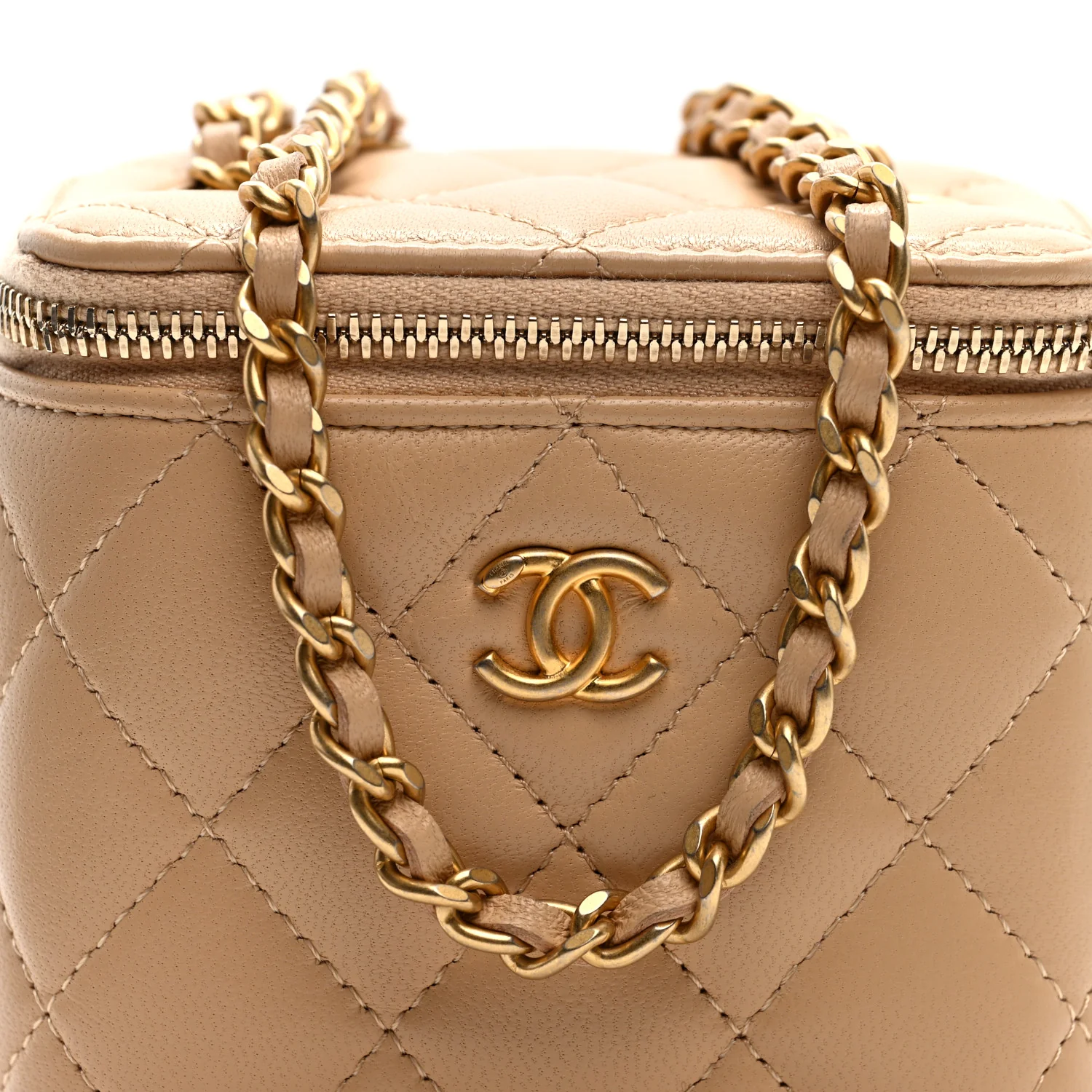 Lambskin Quilted Pearl Crush Mini Vanity Case With Chain Beige - Image 8