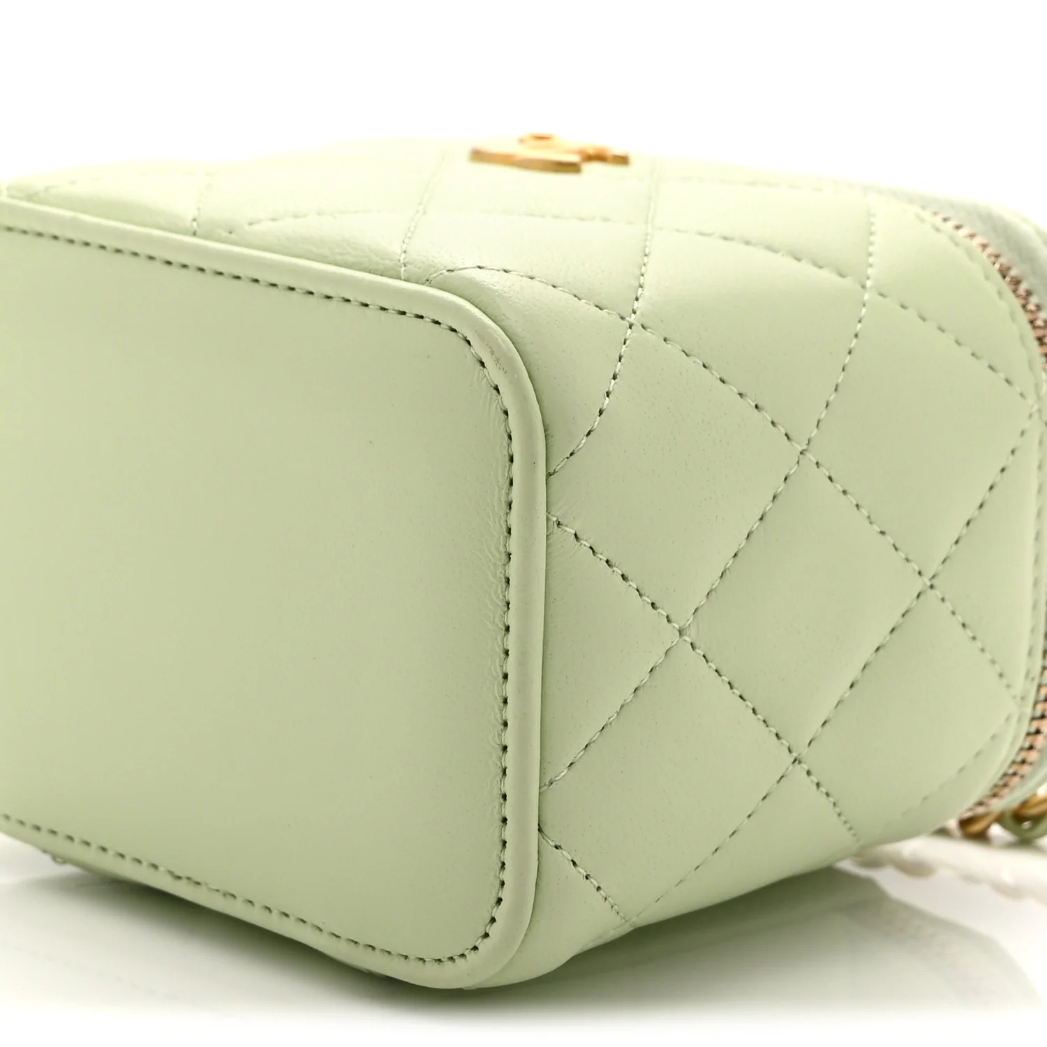 Lambskin Quilted Pearl Crush Mini Vanity Case With Chain Light Green - Image 10