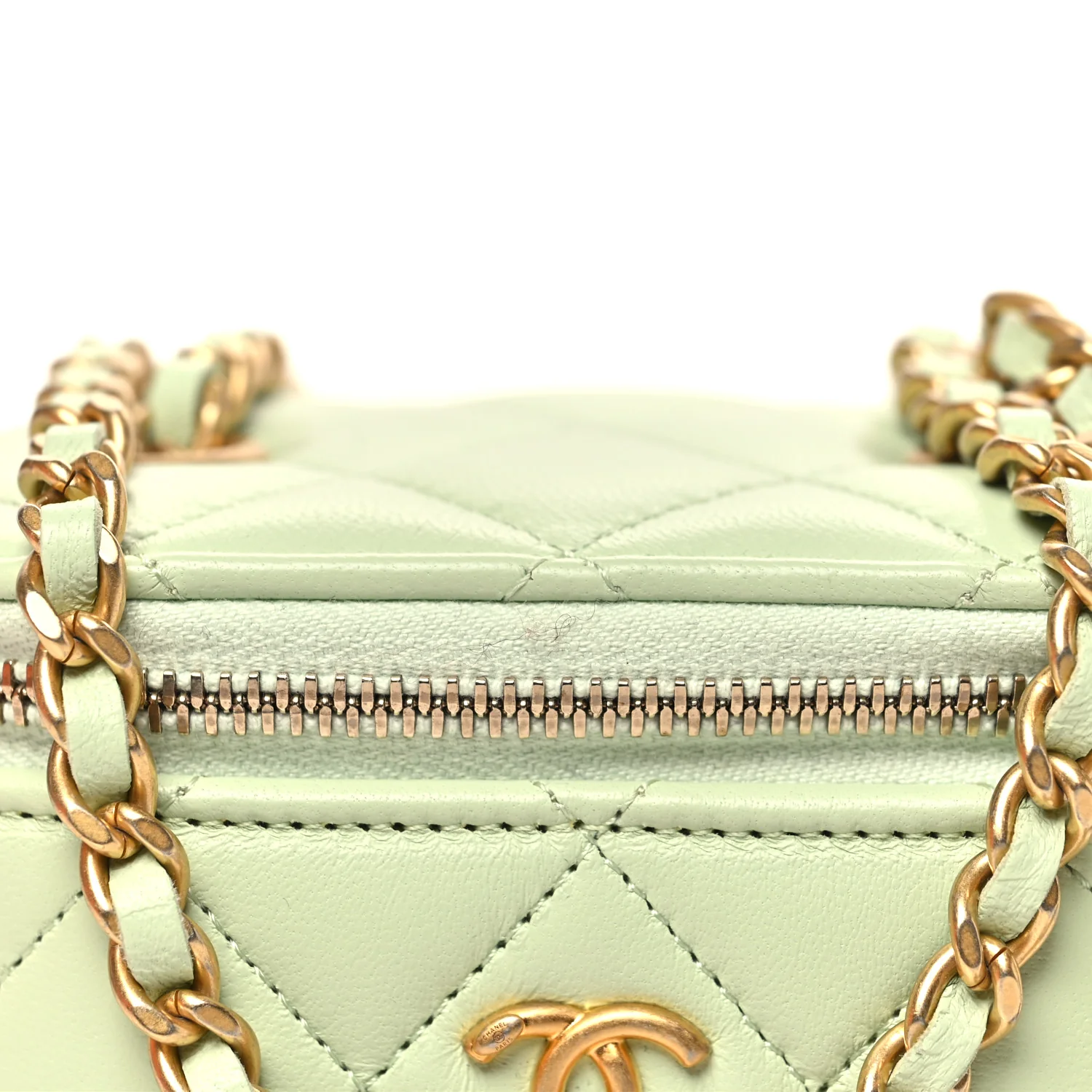 Lambskin Quilted Pearl Crush Mini Vanity Case With Chain Light Green - Image 11