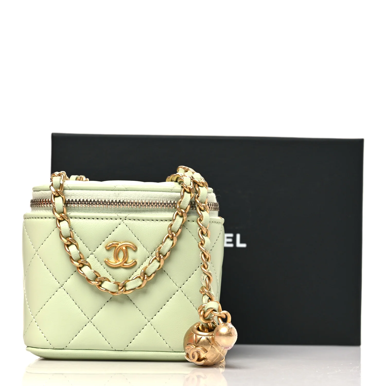 Lambskin Quilted Pearl Crush Mini Vanity Case With Chain Light Green - Image 12