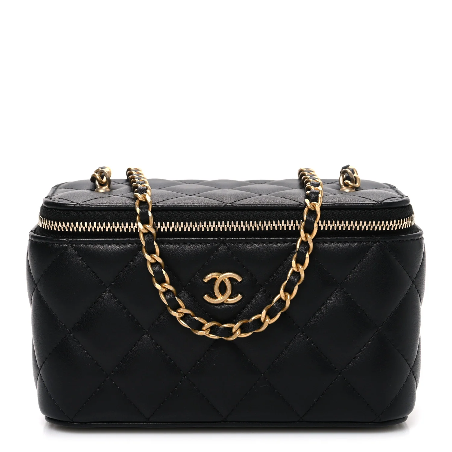 Lambskin Quilted Pearl Crush Small Vanity Case With Chain Black