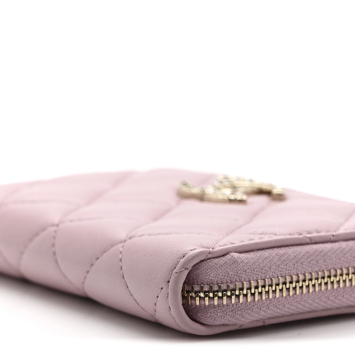 Lambskin Quilted Pearl Crystal CC Zip Around Coin Purse Wallet Pink - Image 9