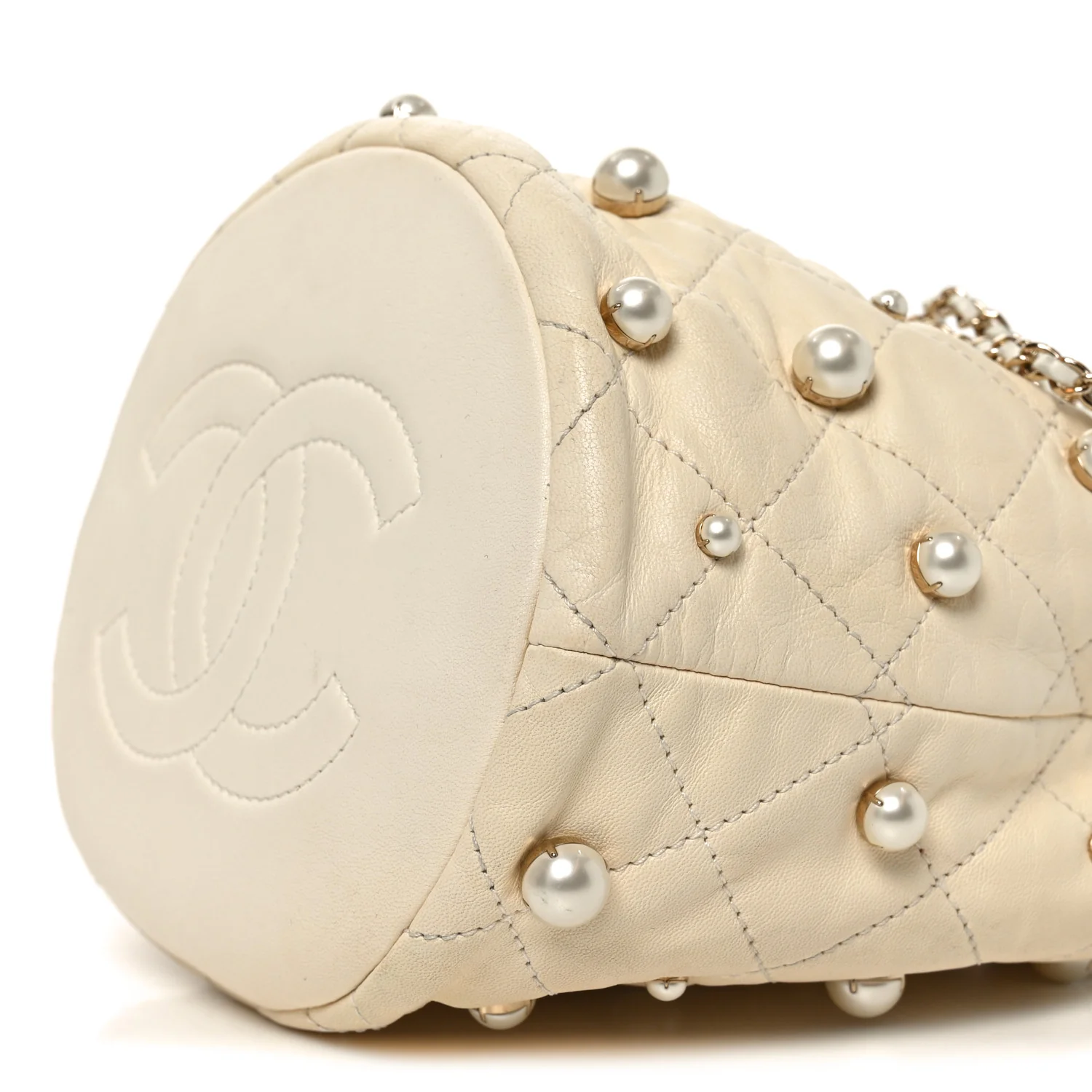 Lambskin Quilted Pearl Mini About Pearls Drawstring Bag White - Image 10