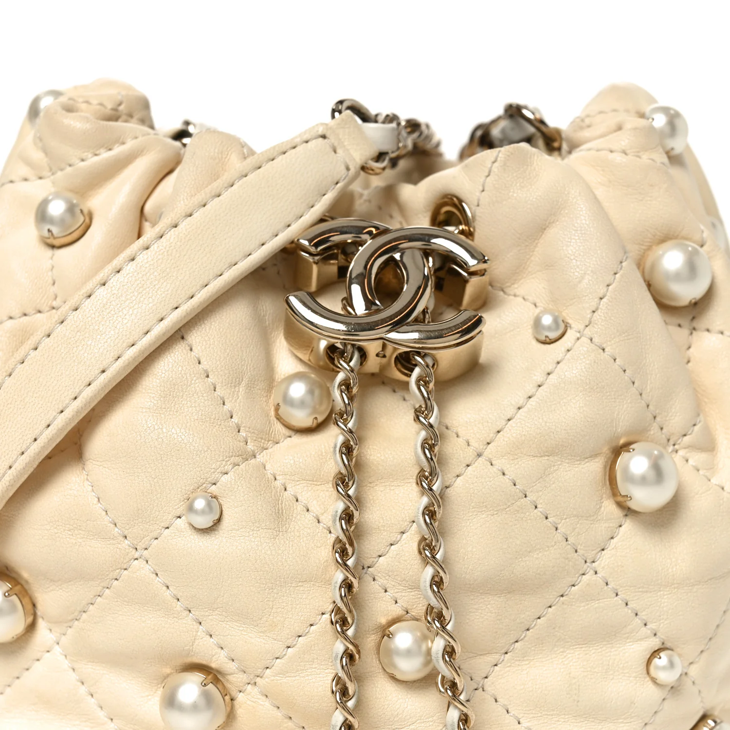 Lambskin Quilted Pearl Mini About Pearls Drawstring Bag White - Image 8