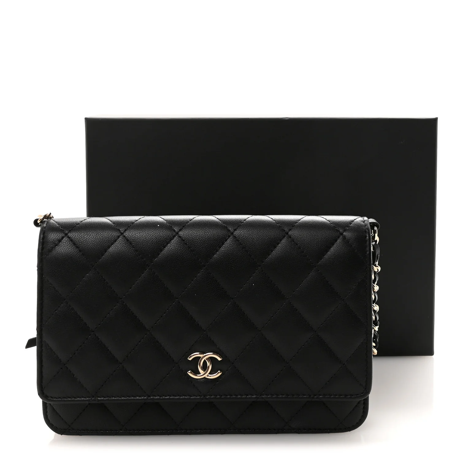 Lambskin Quilted Pearl Wallet On Chain WOC Black - Image 12