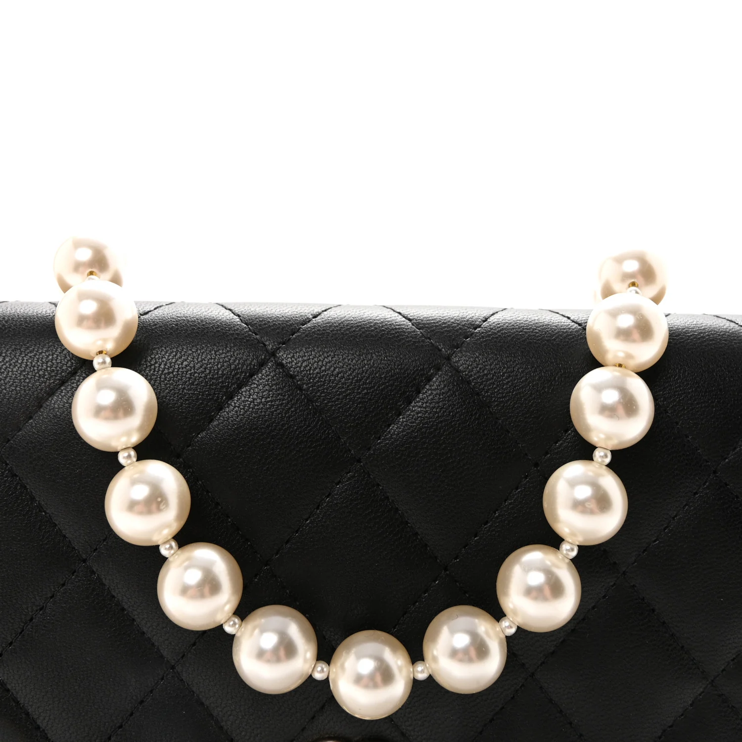 Lambskin Quilted Pearl Wallet On Chain WOC Black - Image 9