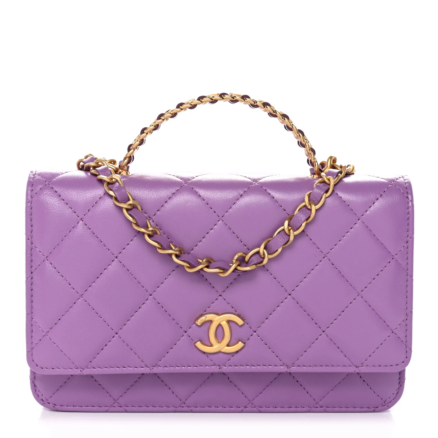 Lambskin Quilted Pick Me Up Wallet On Chain WOC Purple