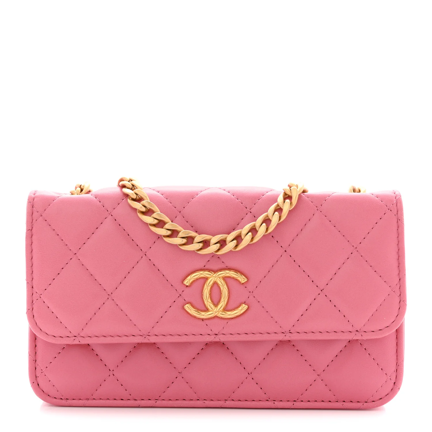 Lambskin Quilted Pillow Crush Flap Phone Holder With Chain Pink