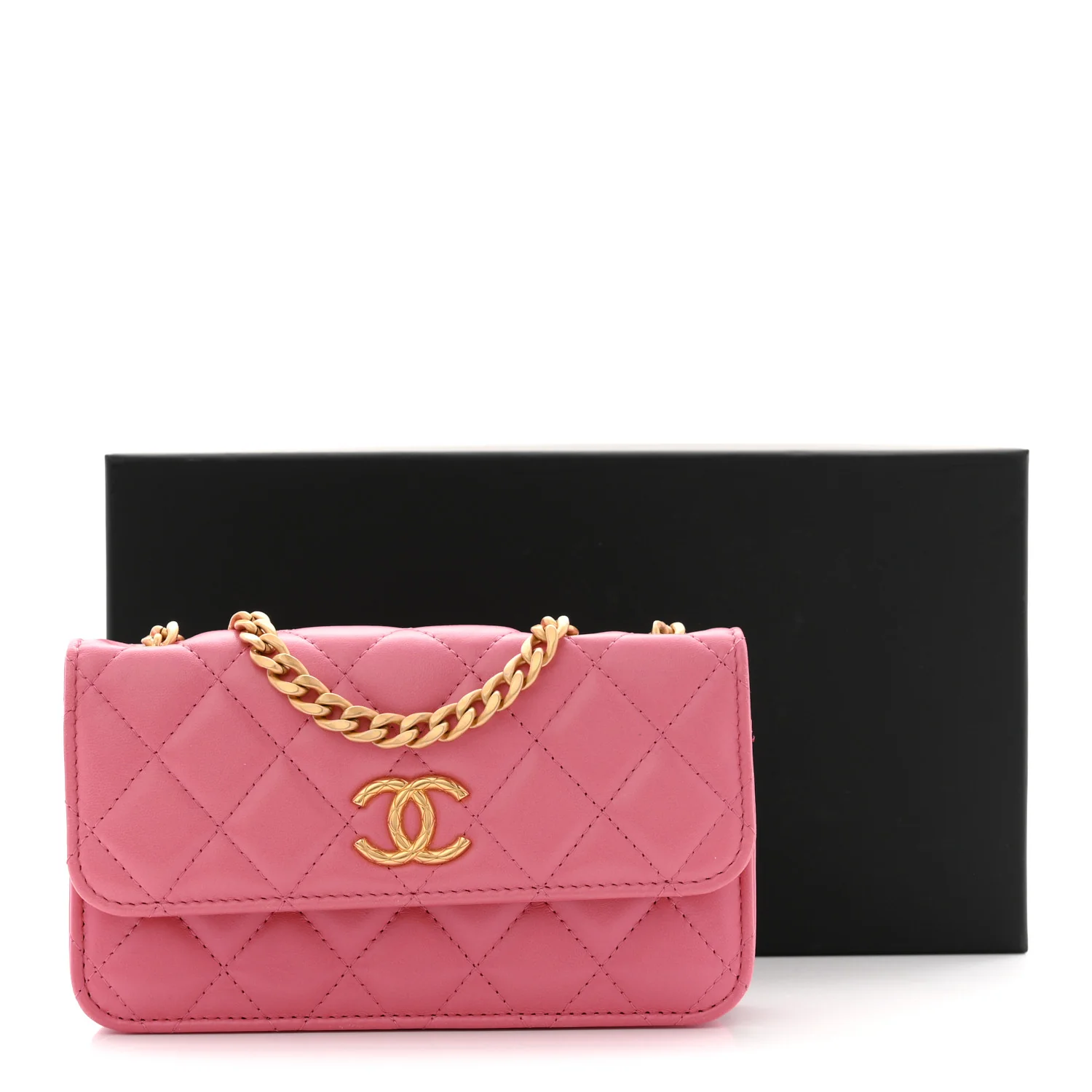 Lambskin Quilted Pillow Crush Flap Phone Holder With Chain Pink - Image 12