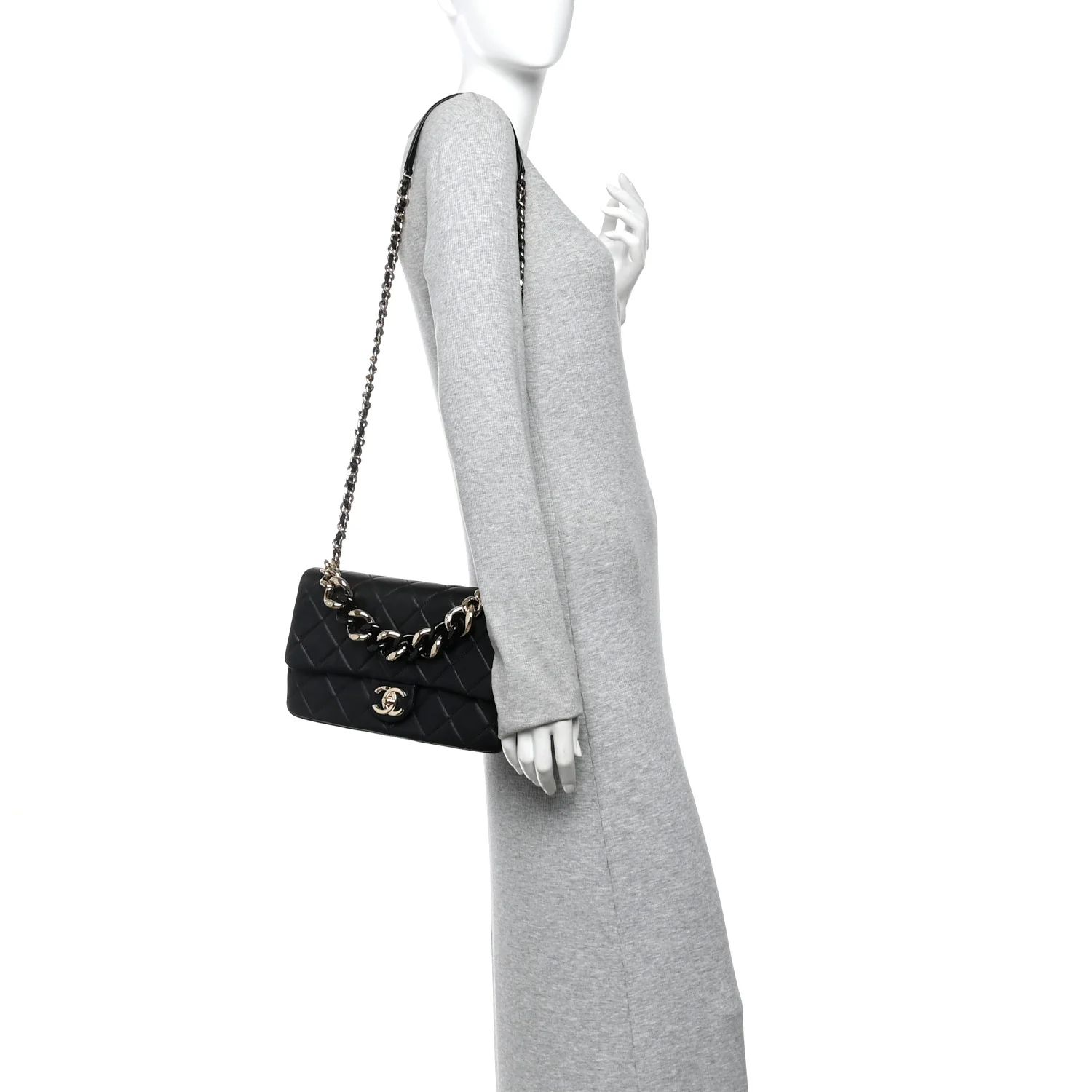 Lambskin Quilted Resin Bi-Color Chain Flap Bag Black - Image 2