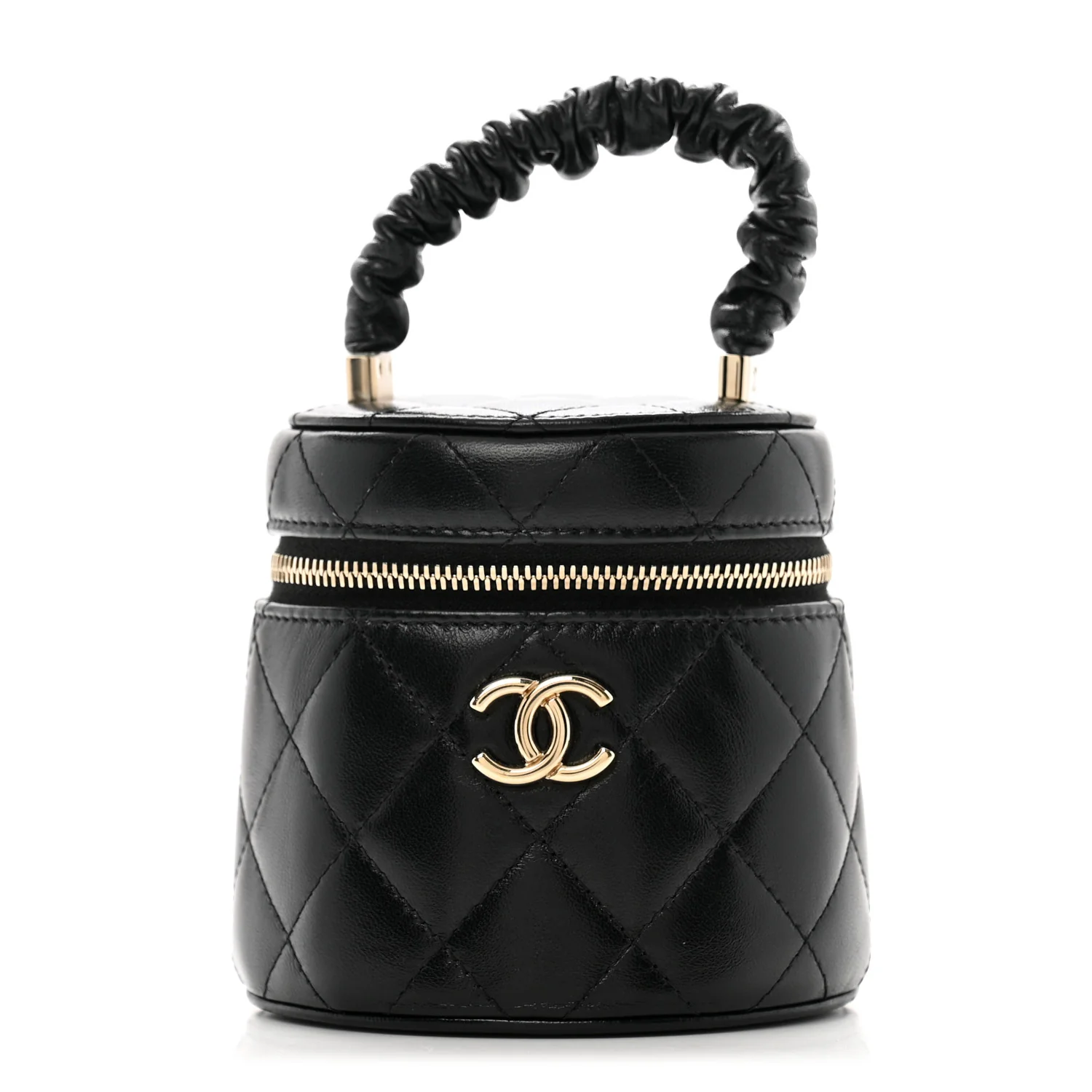 Lambskin Quilted Ruched Handle Vanity Case Black