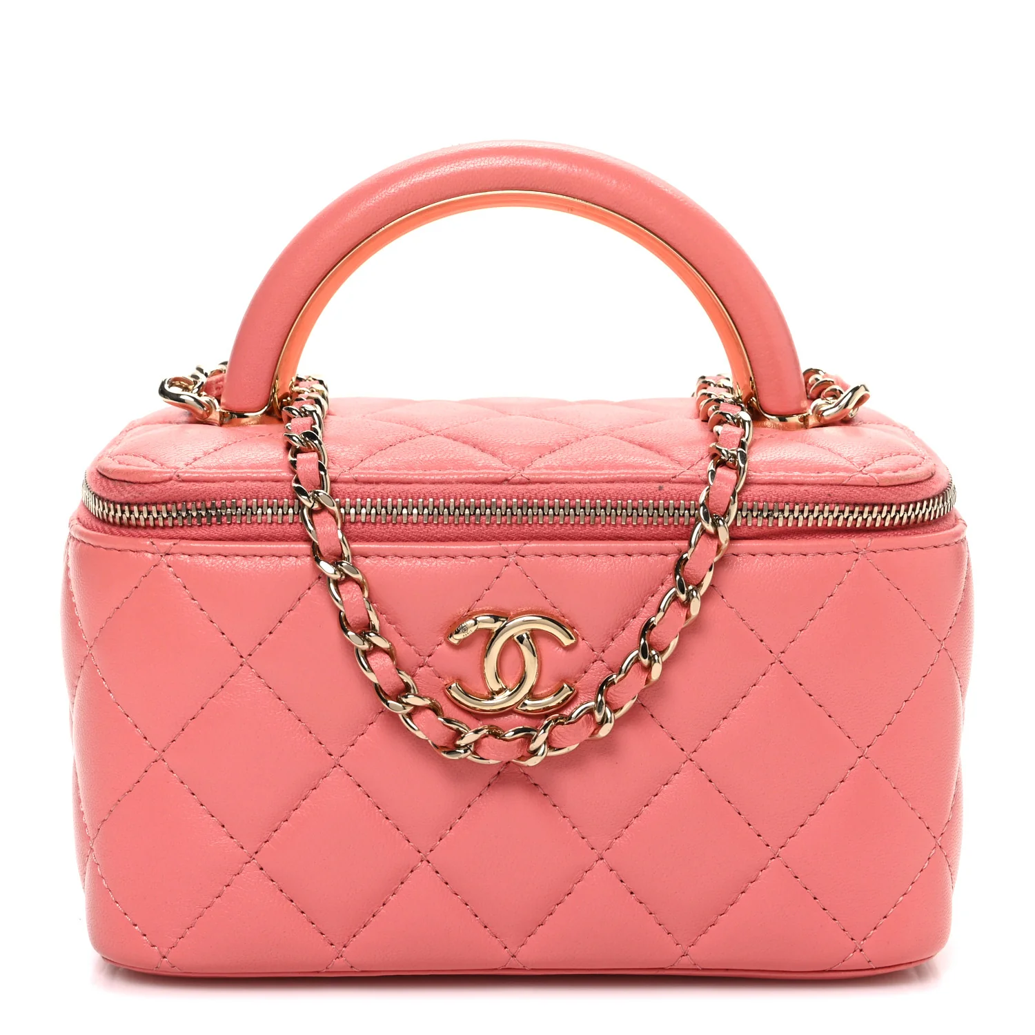 Lambskin Quilted Small Charming Top Handle Vanity Case With Chain Pink