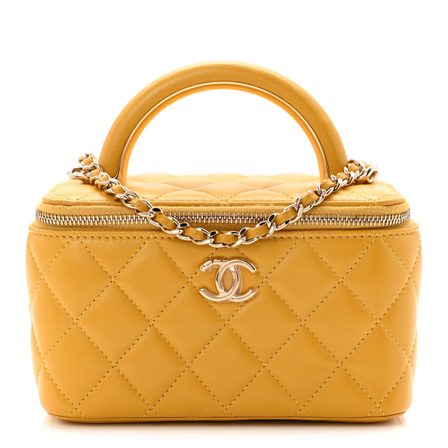 Lambskin Quilted Small Charming Top Handle Vanity Case With Chain Yellow