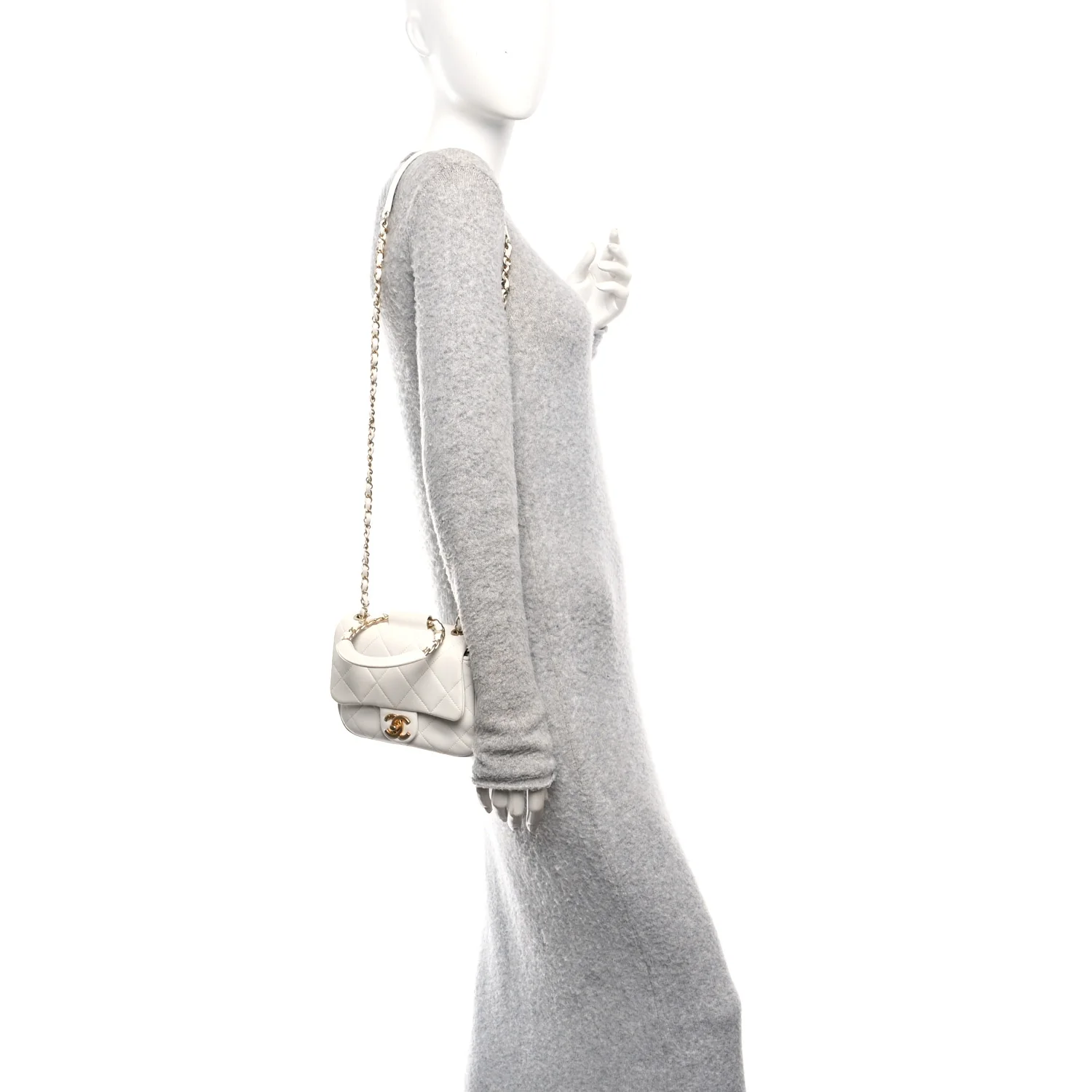 Lambskin Quilted Small Circular Handle Bag White - Image 2