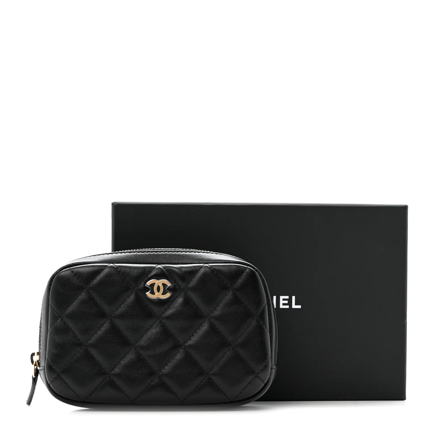 Lambskin Quilted Small Curvy Pouch Cosmetic Case Black - Image 8