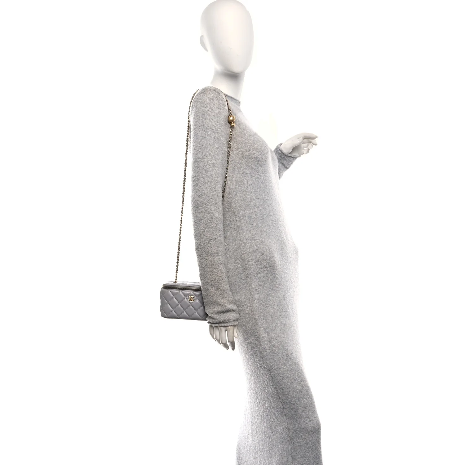 Lambskin Quilted Small Pearl Crush Vanity Case With Chain Grey - Image 2