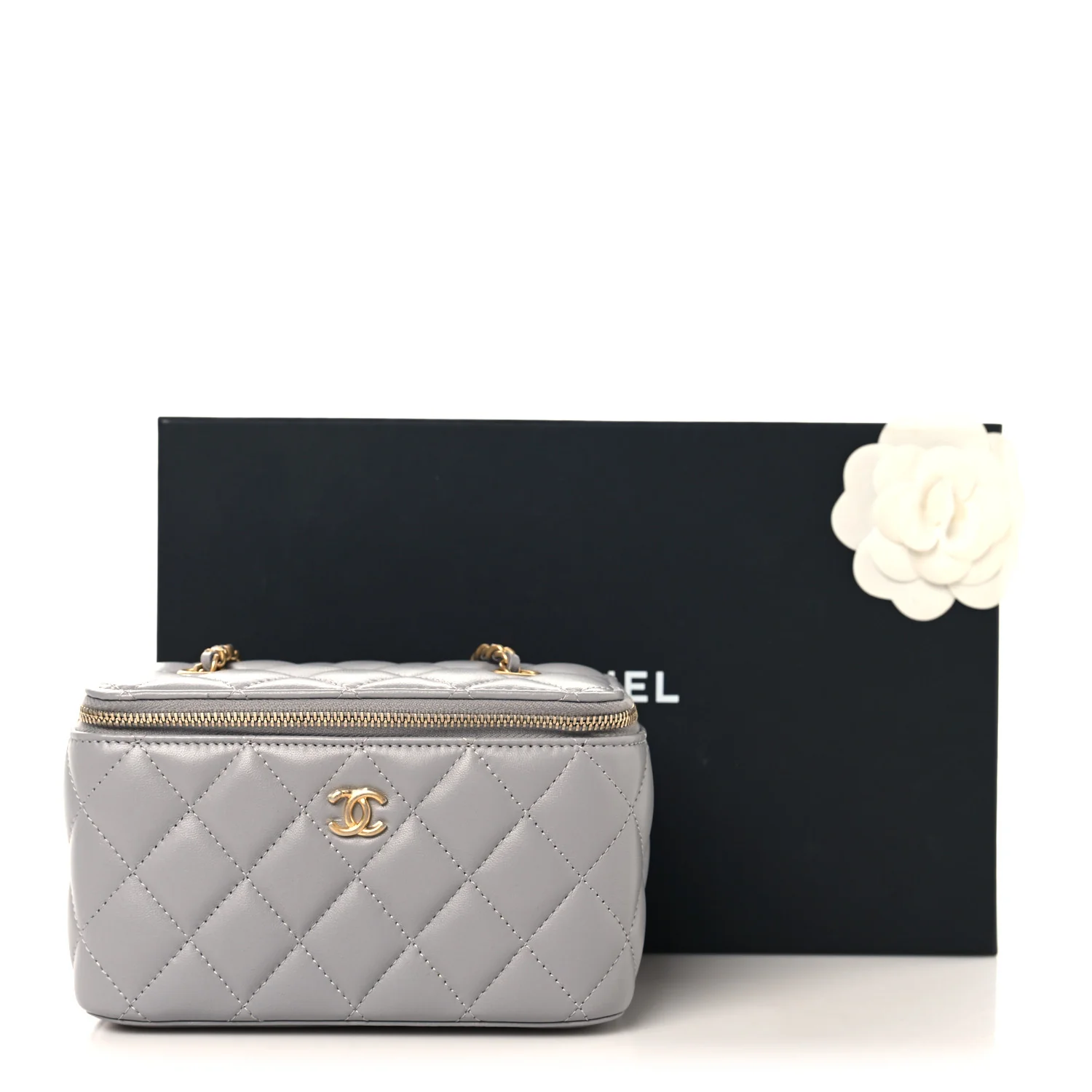 Lambskin Quilted Small Pearl Crush Vanity Case With Chain Grey - Image 11