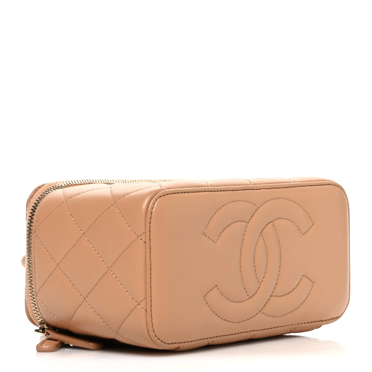 Lambskin Quilted Small Top Handle Vanity Case With Chain Beige - Image 3