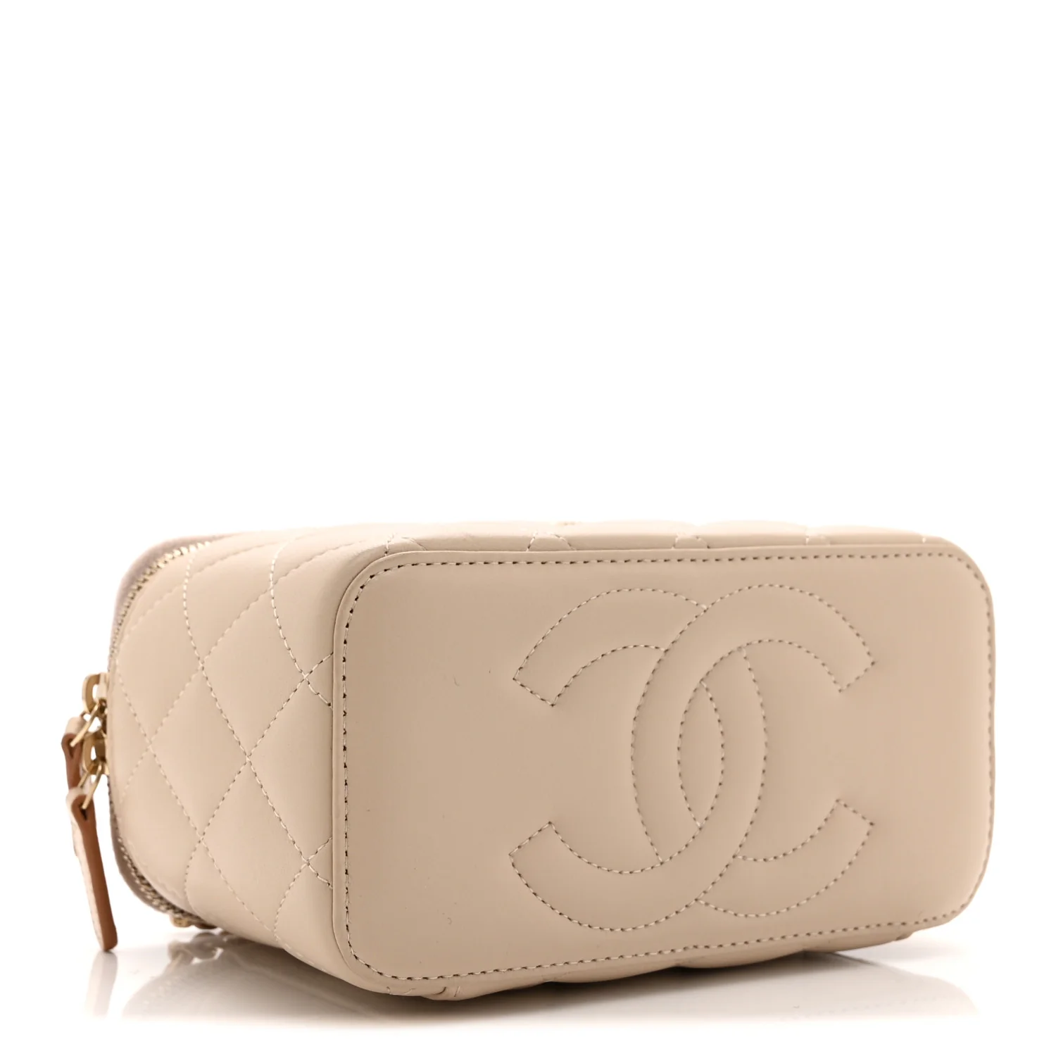 Lambskin Quilted Small Top Handle Vanity Case With Chain Beige - Image 4