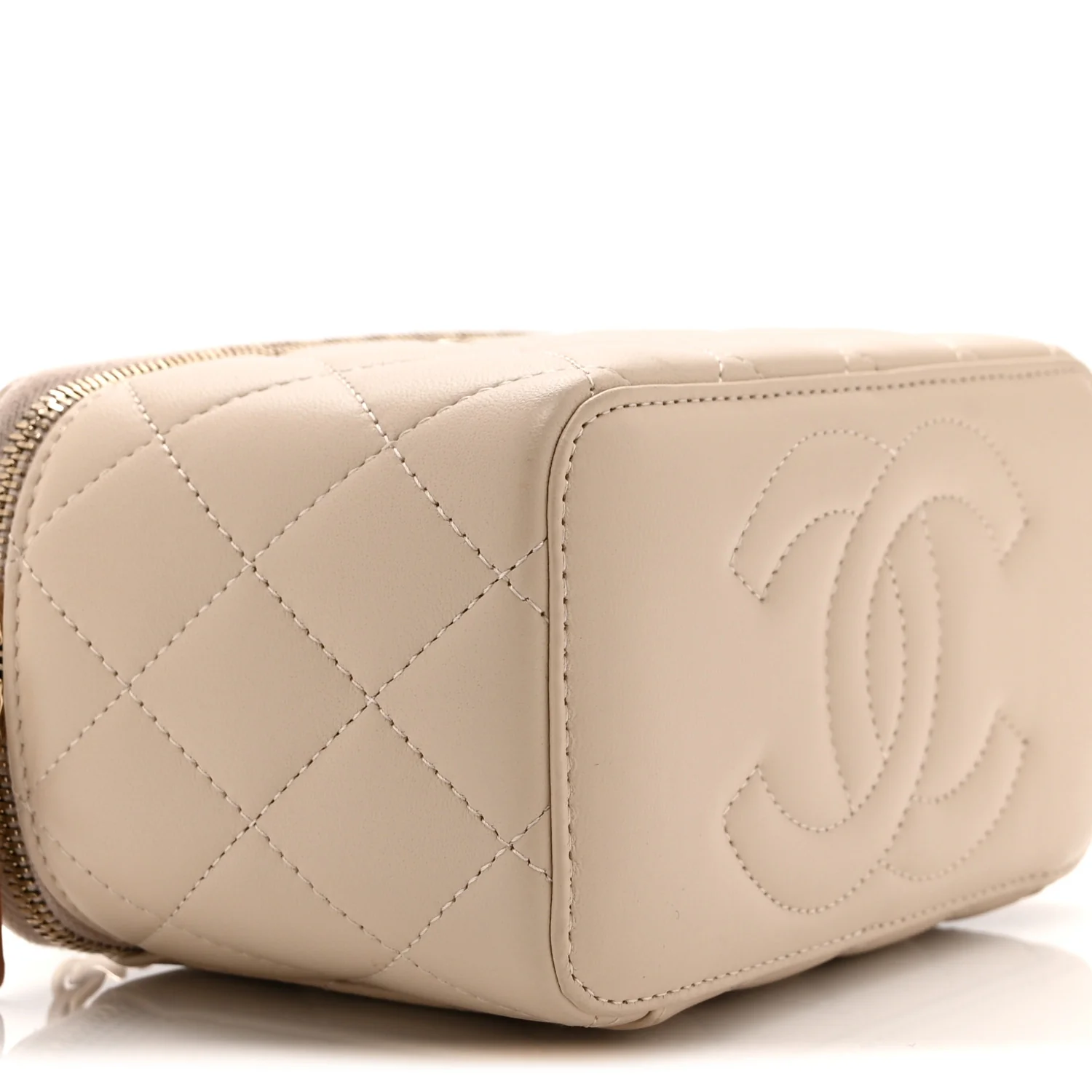 Lambskin Quilted Small Top Handle Vanity Case With Chain Beige - Image 9
