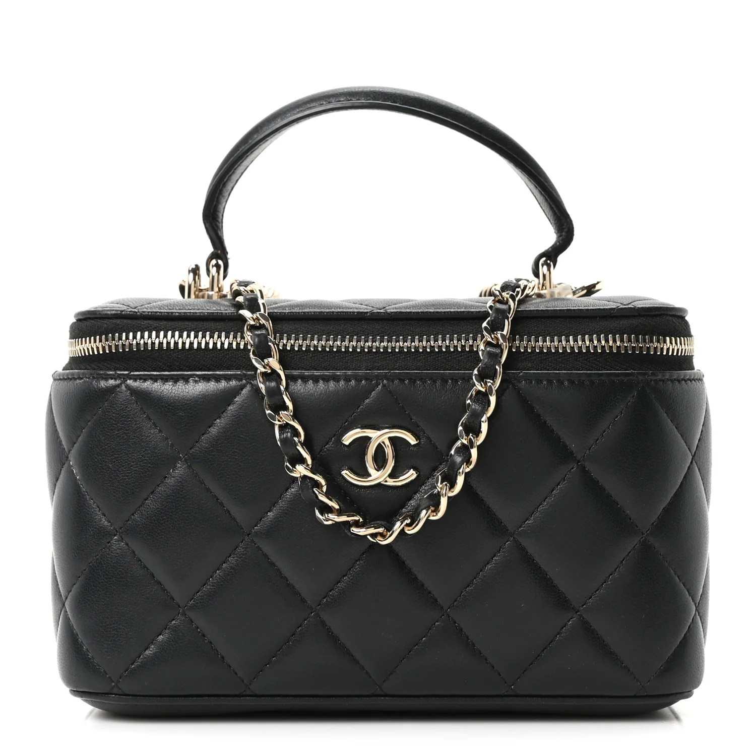Lambskin Quilted Small Top Handle Vanity Case With Chain Black