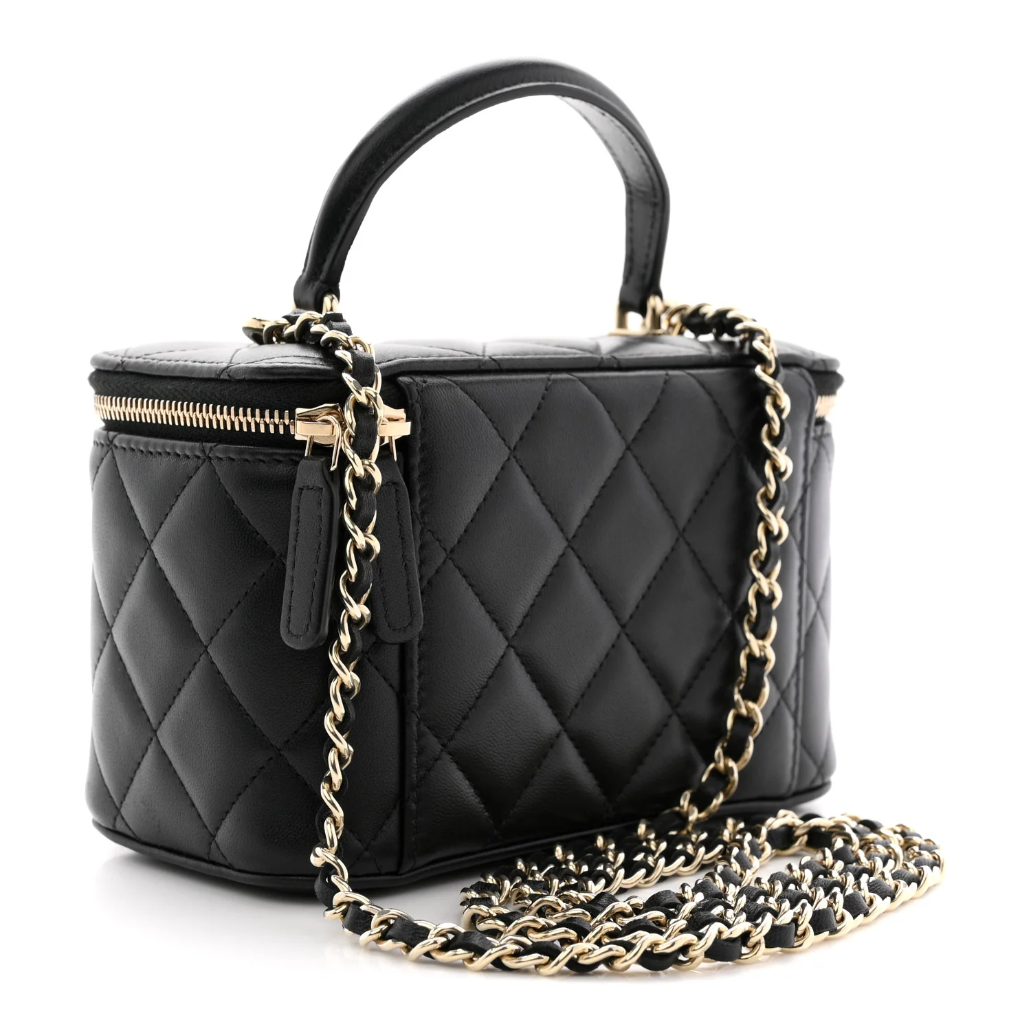 Lambskin Quilted Small Top Handle Vanity Case With Chain Black - Image 3
