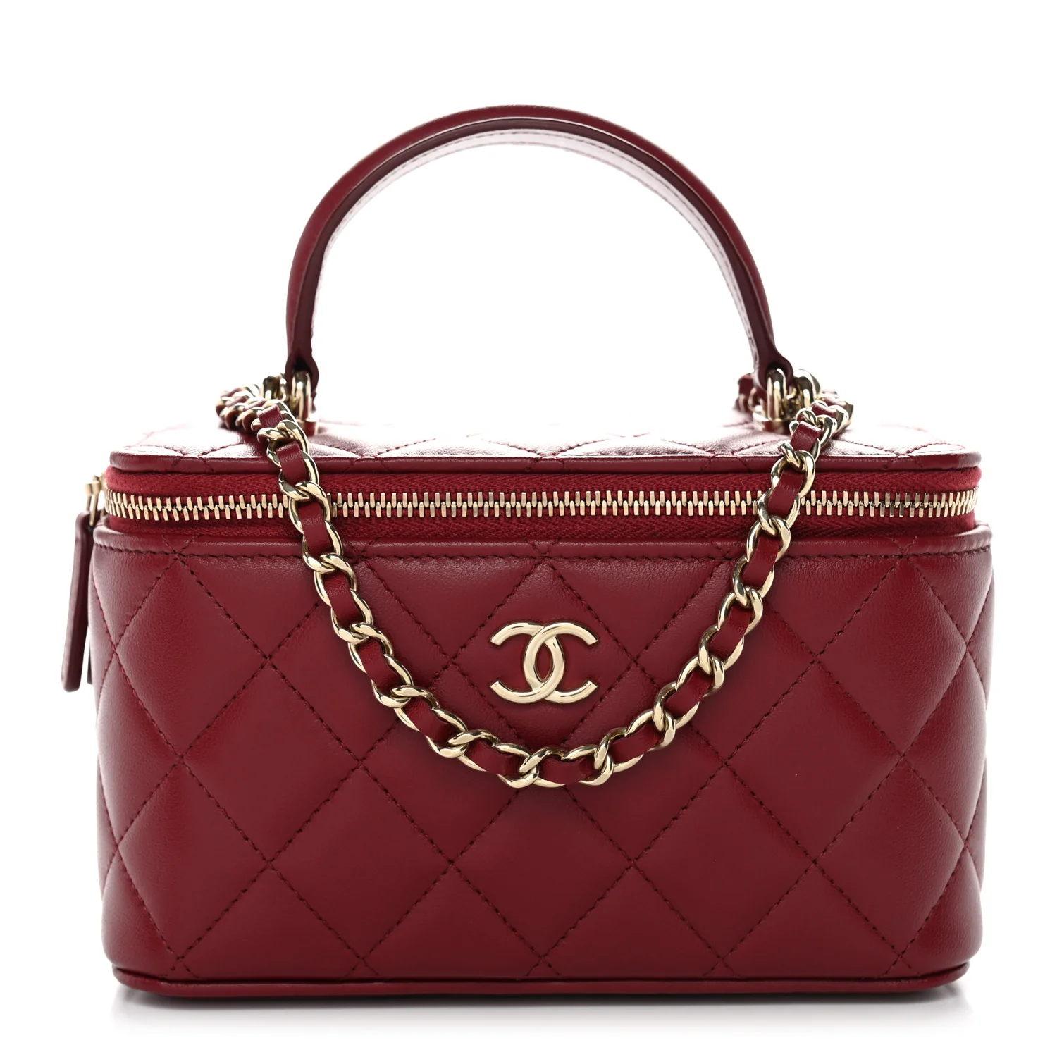 Lambskin Quilted Small Top Handle Vanity Case With Chain Burgundy