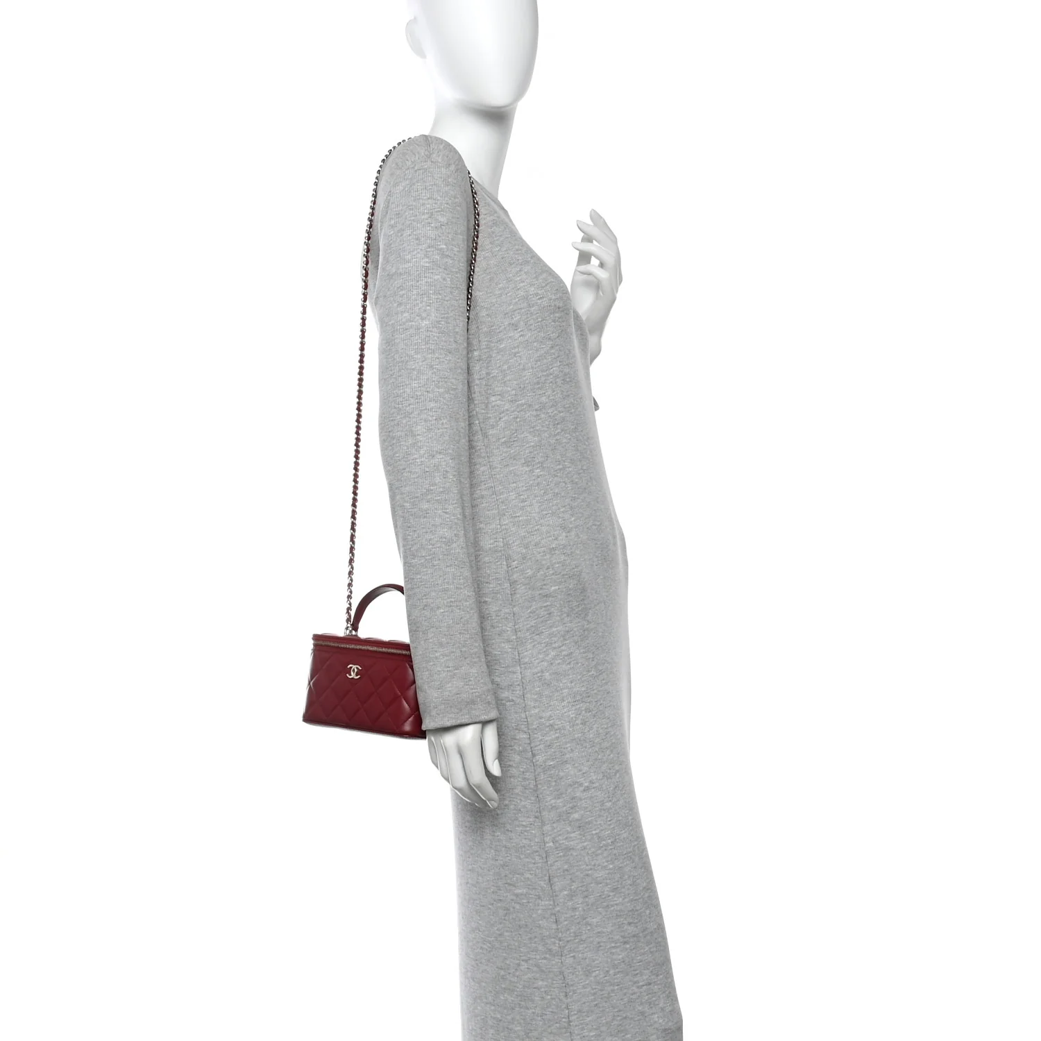 Lambskin Quilted Small Top Handle Vanity Case With Chain Burgundy - Image 2