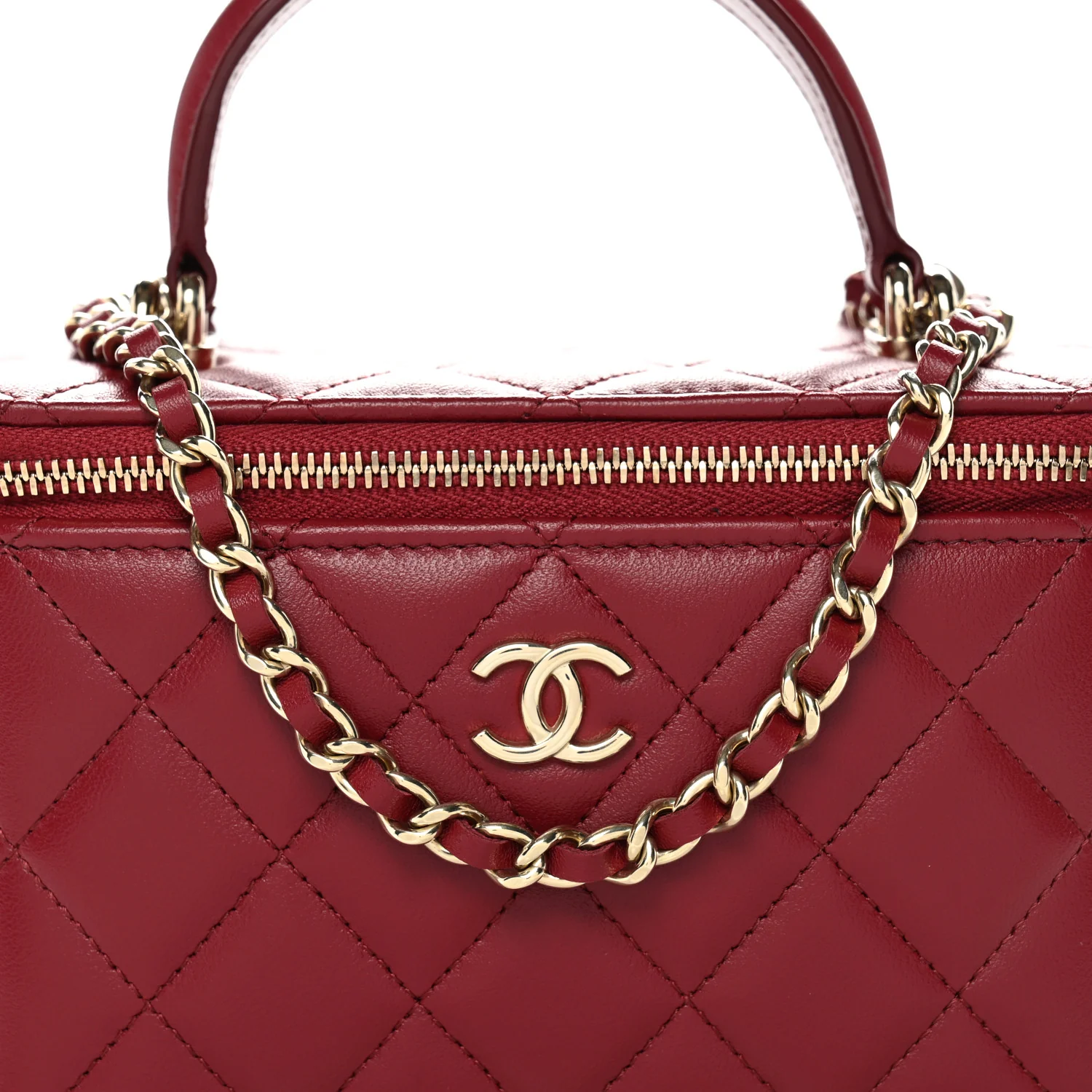 Lambskin Quilted Small Top Handle Vanity Case With Chain Burgundy - Image 8
