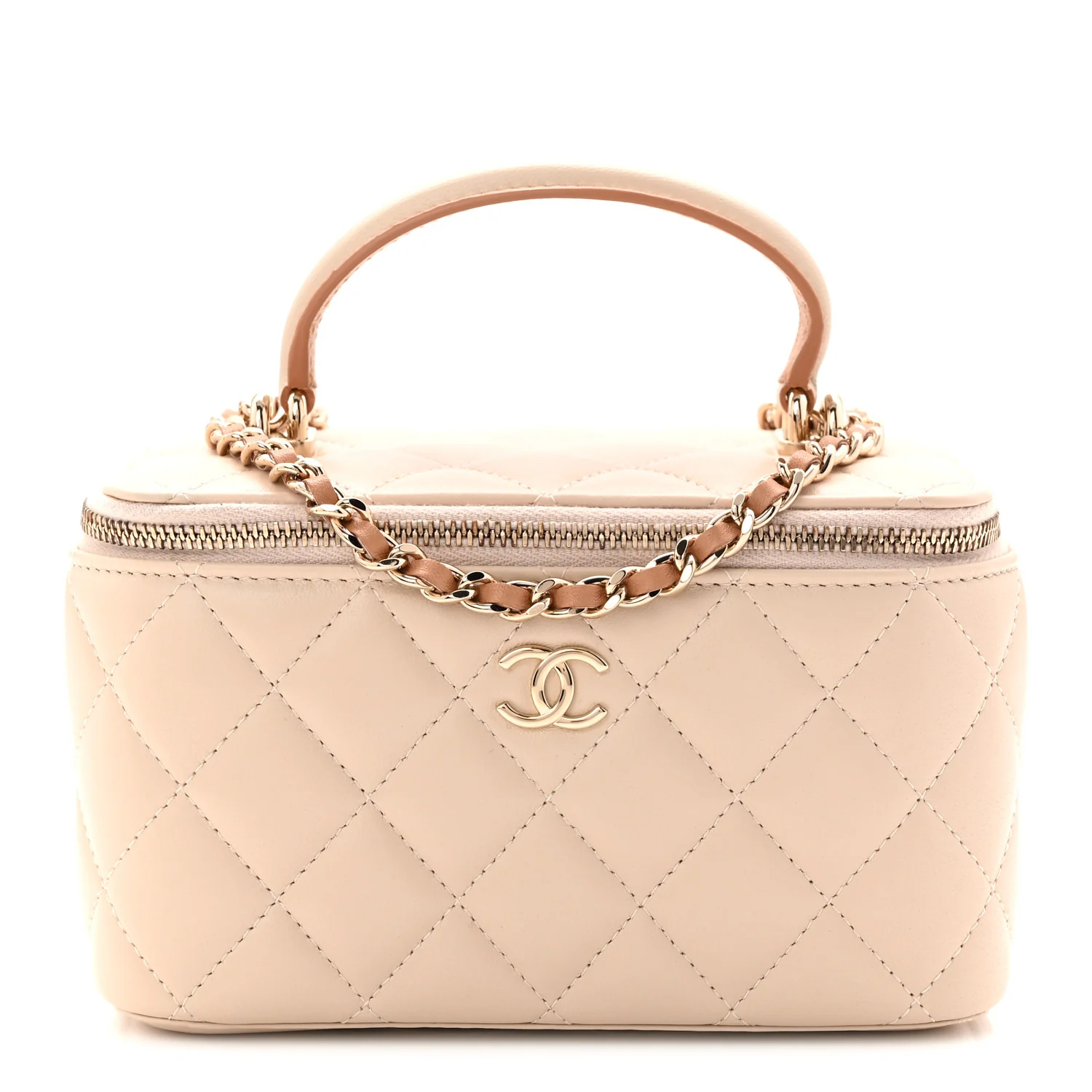 Lambskin Quilted Small Top Handle Vanity Case With Chain Ecru Dark Beige