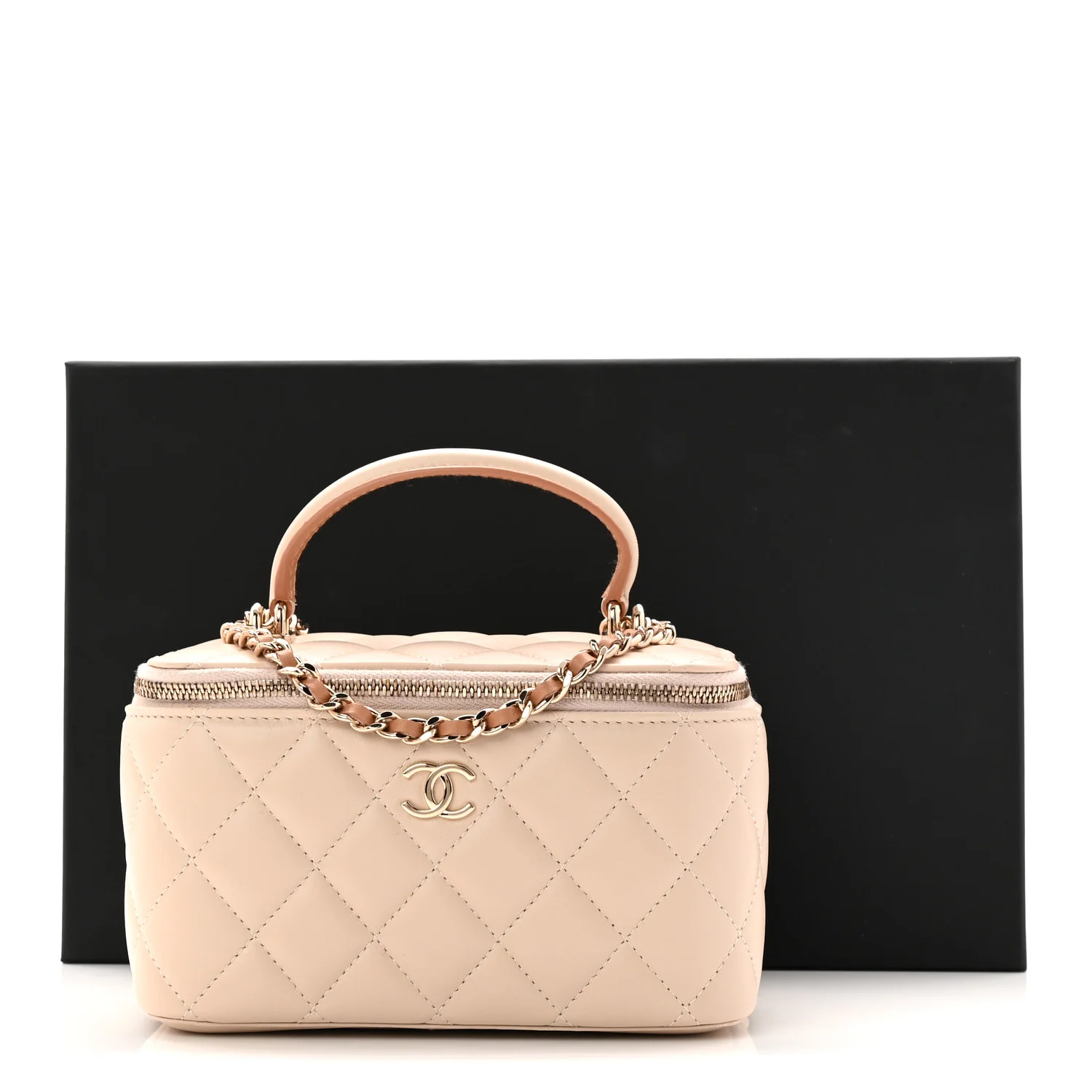 Lambskin Quilted Small Top Handle Vanity Case With Chain Ecru Dark Beige - Image 11