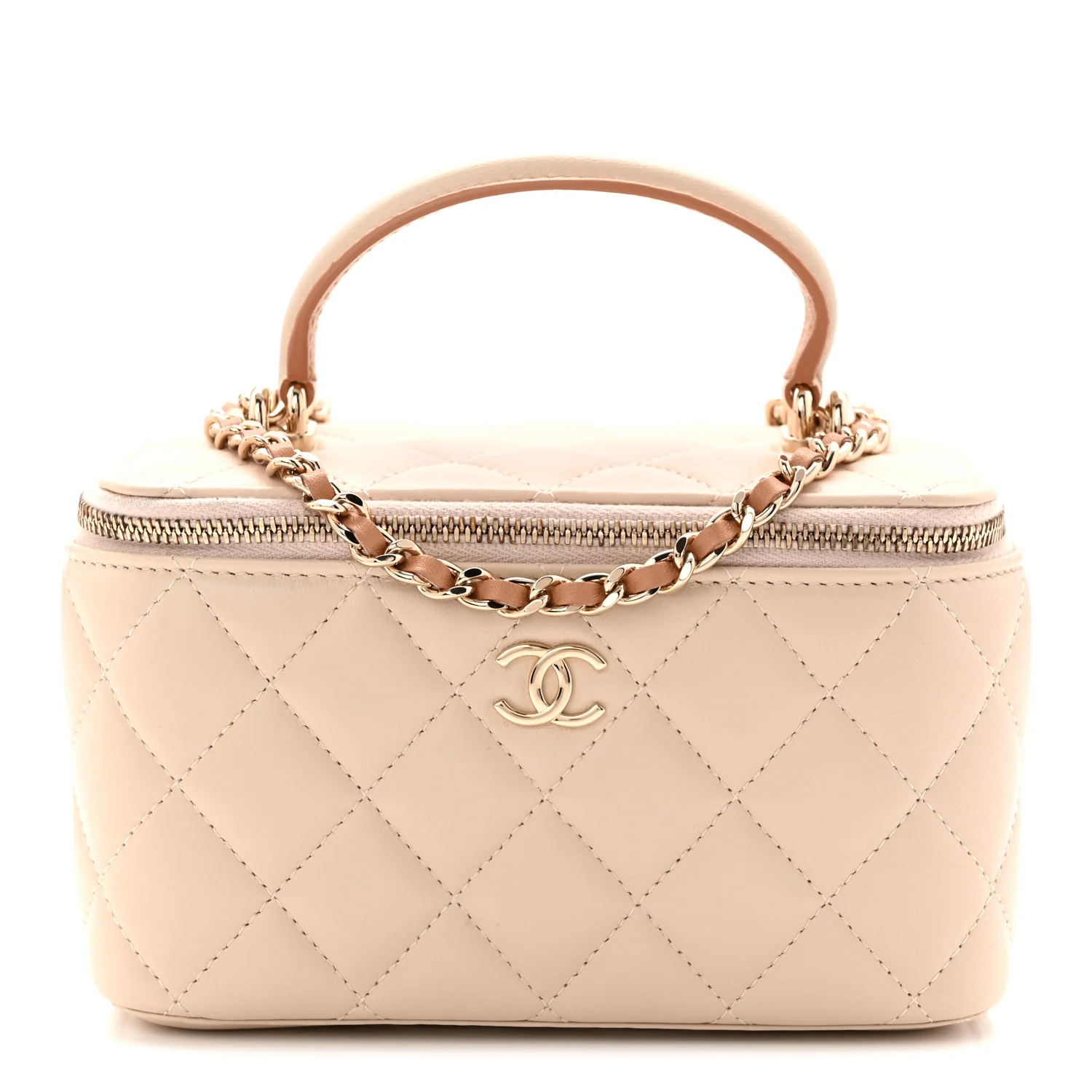 Lambskin Quilted Small Top Handle Vanity Case With Chain Ecru Dark Beige - Image 8