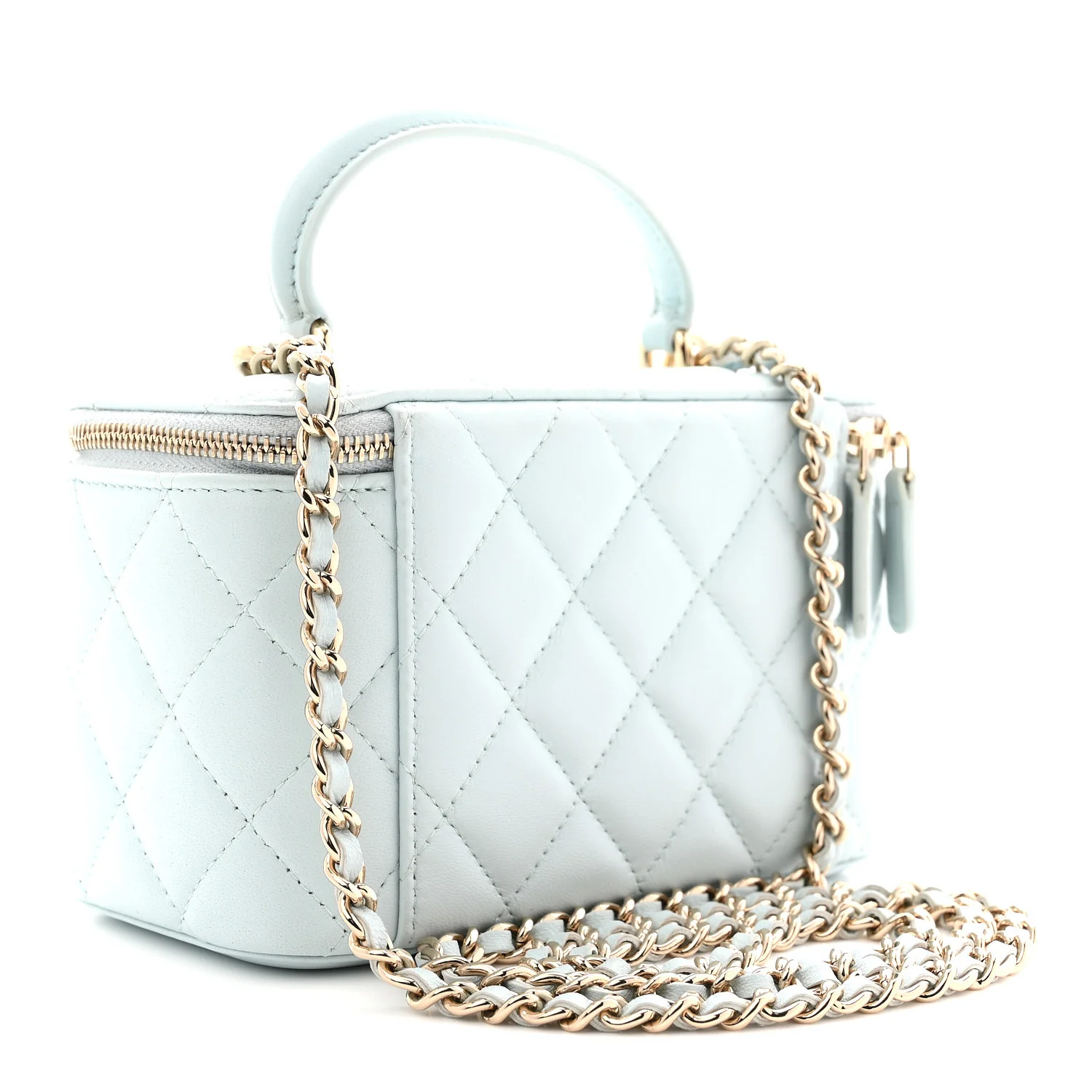 Lambskin Quilted Small Top Handle Vanity Case With Chain Light Blue - Image 3