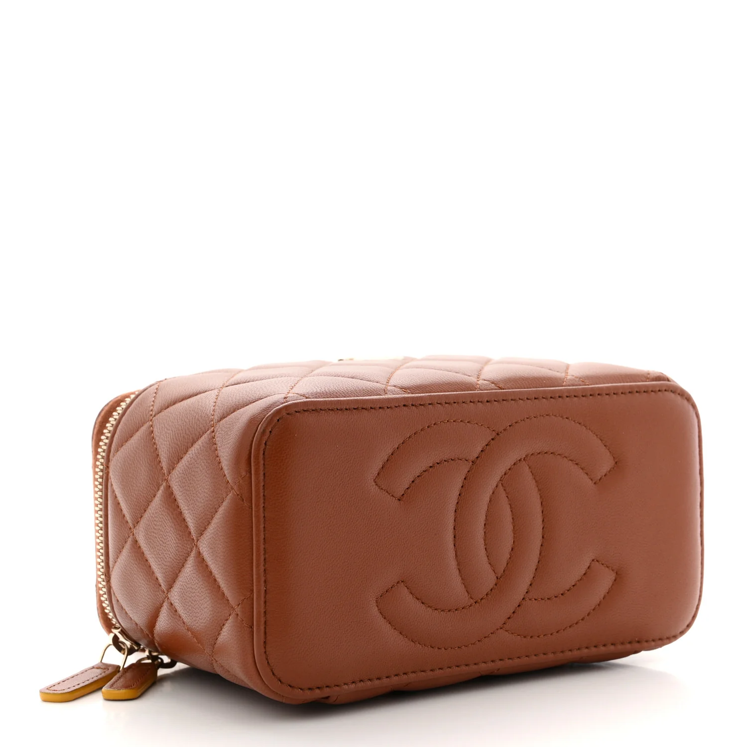 Lambskin Quilted Small Top Handle Vanity Case With Chain Light Brown Yellow - Image 4
