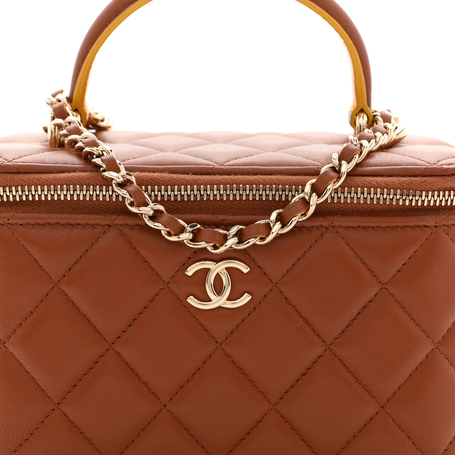 Lambskin Quilted Small Top Handle Vanity Case With Chain Light Brown Yellow - Image 8