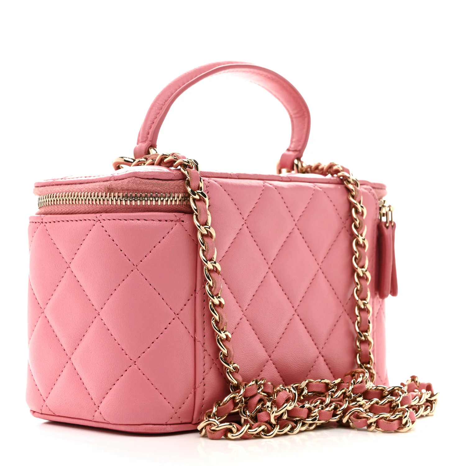 Lambskin Quilted Small Top Handle Vanity Case With Chain Pink - Image 3