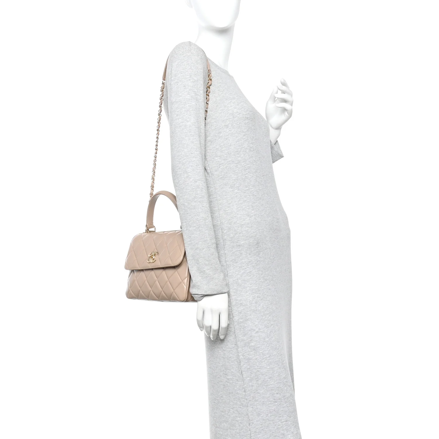 Lambskin Quilted Small Trendy CC Dual Handle Flap Bag Beige - Image 2