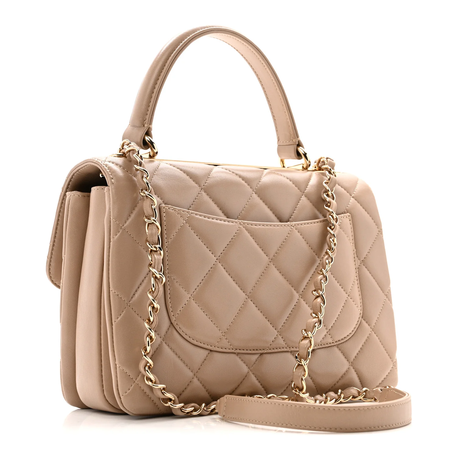Lambskin Quilted Small Trendy CC Dual Handle Flap Bag Beige - Image 3