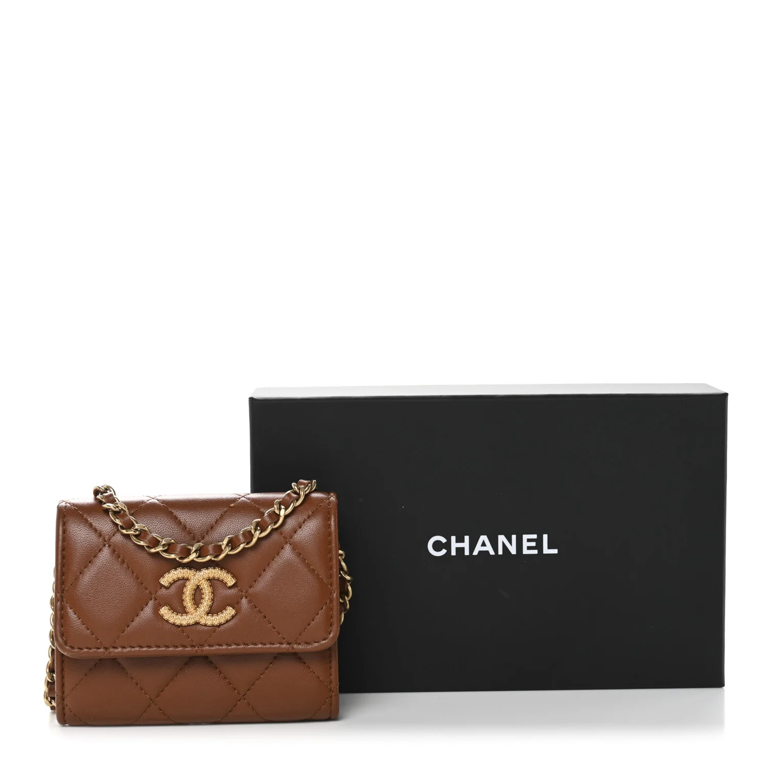 Lambskin Quilted Studded CC Clutch With Chain Brown - Image 12