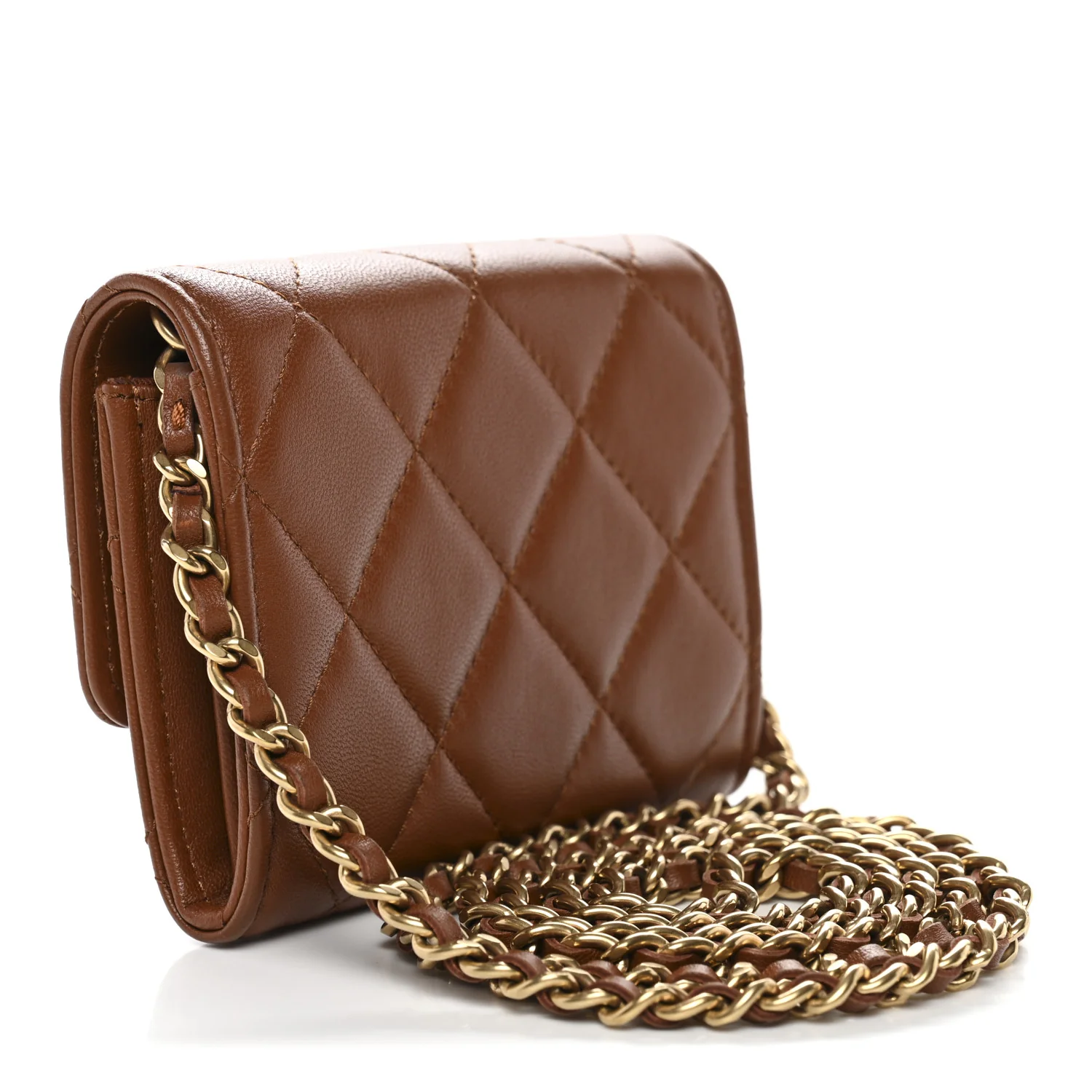Lambskin Quilted Studded CC Clutch With Chain Brown - Image 3