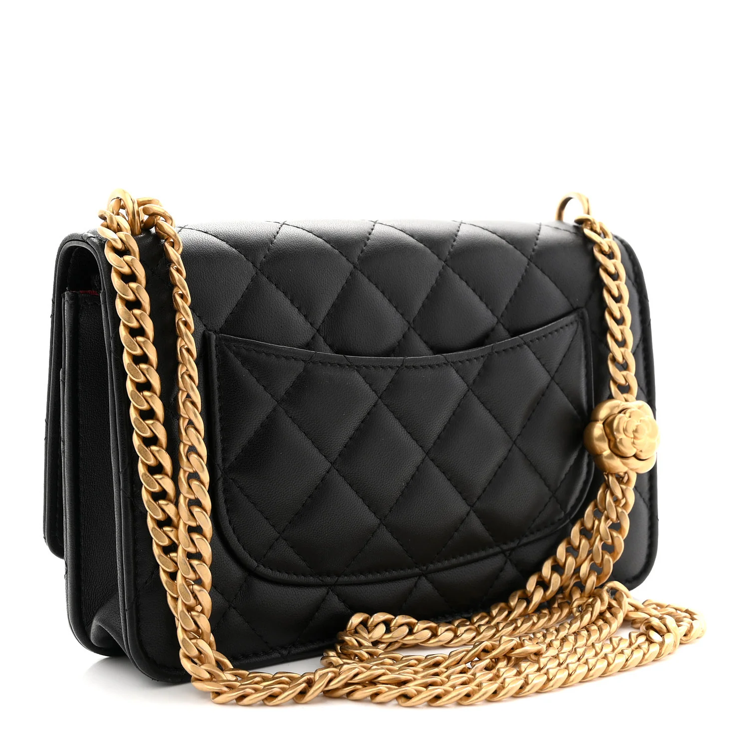 Lambskin Quilted Sweet Camellia Wallet On Chain WOC Black - Image 3