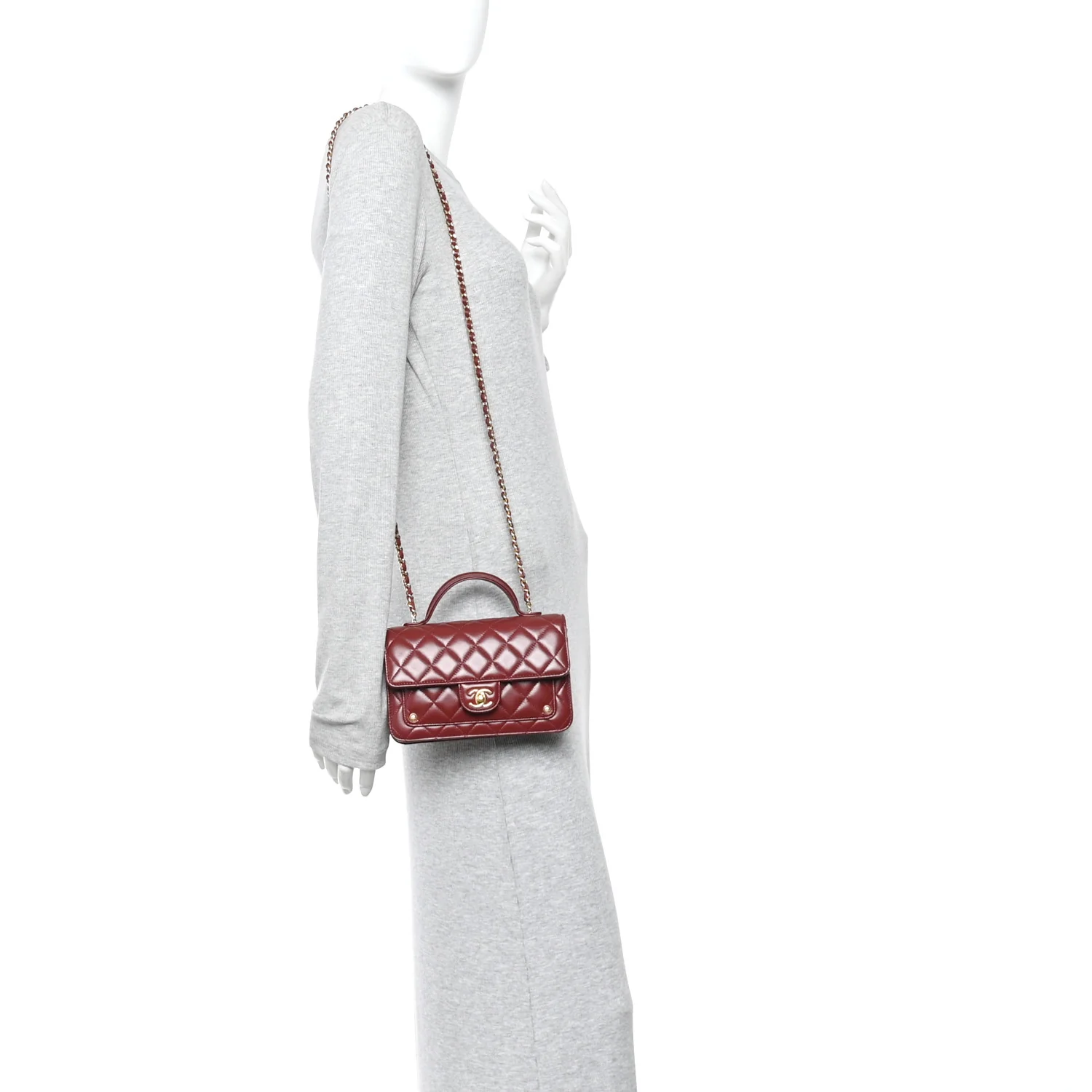 Lambskin Quilted Top Handle Clutch With Chain Burgundy - Image 2